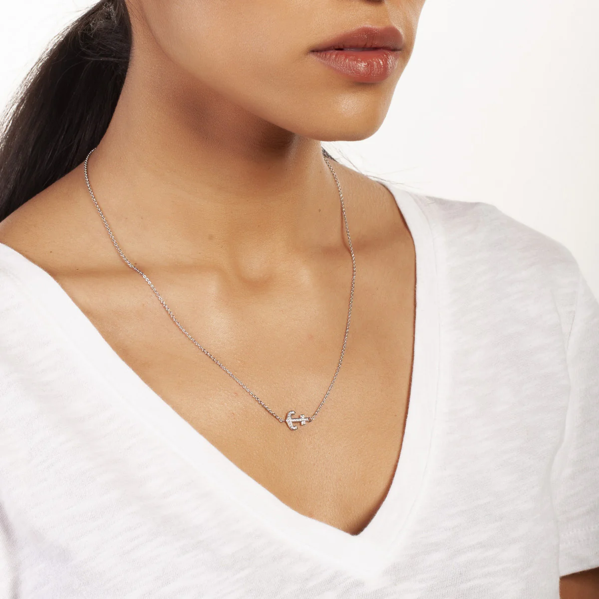 Elegant Confetti Women's 18K White Gold Plated CZ Simulated Diamond Anchor Pendant Necklace 18k White Gold - Image 2
