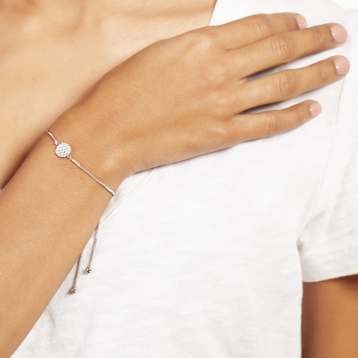 Elegant Confetti Women's 18K White Gold Plated CZ Simulated Diamond Circle Adjustable Bolo Bracelet 18k White Gold - Image 2