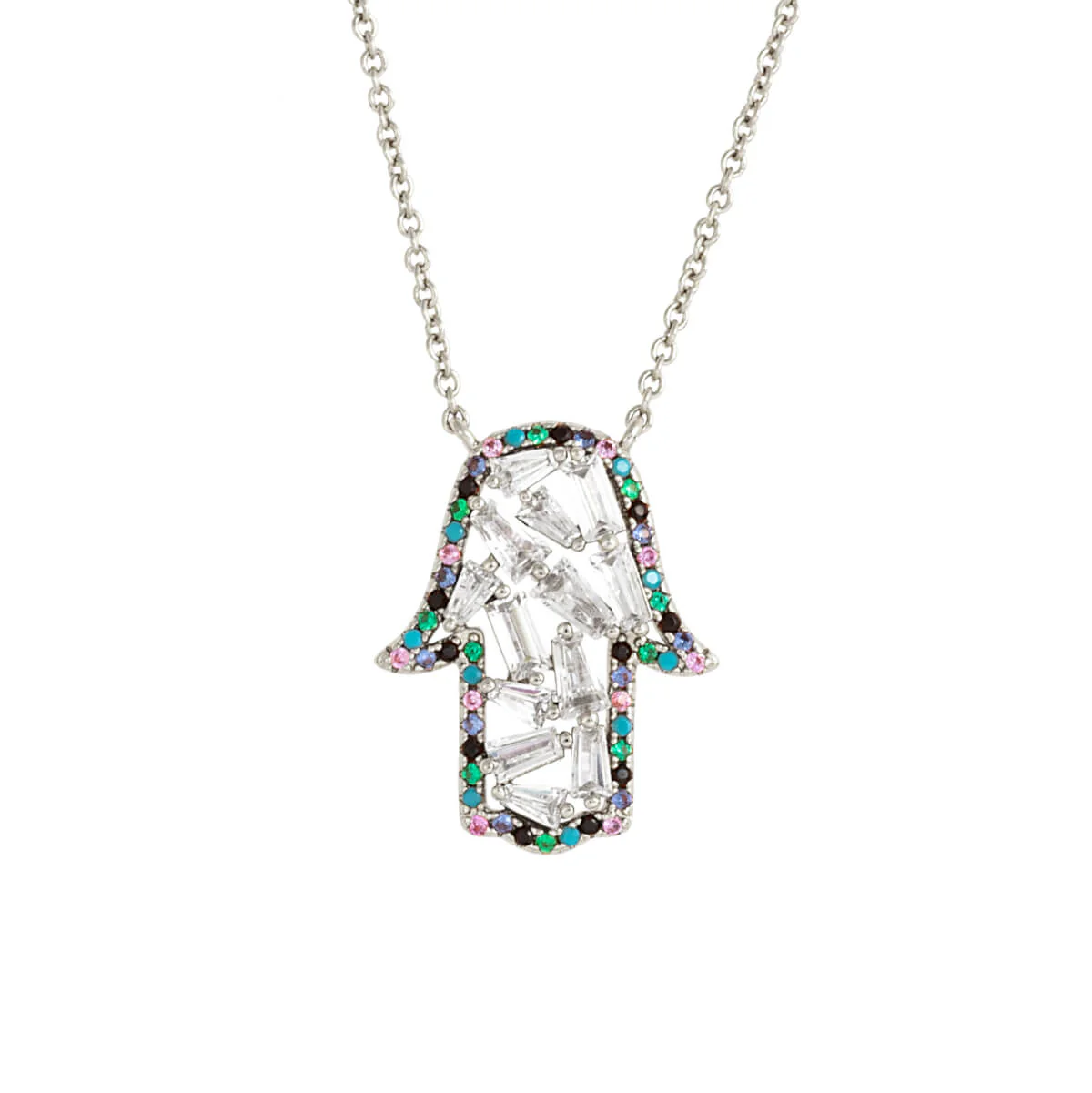 Elegant Confetti Women's 18K White Gold Plated CZ Simulated Diamond Hamsa Charm Fashion Necklace 18k White Gold