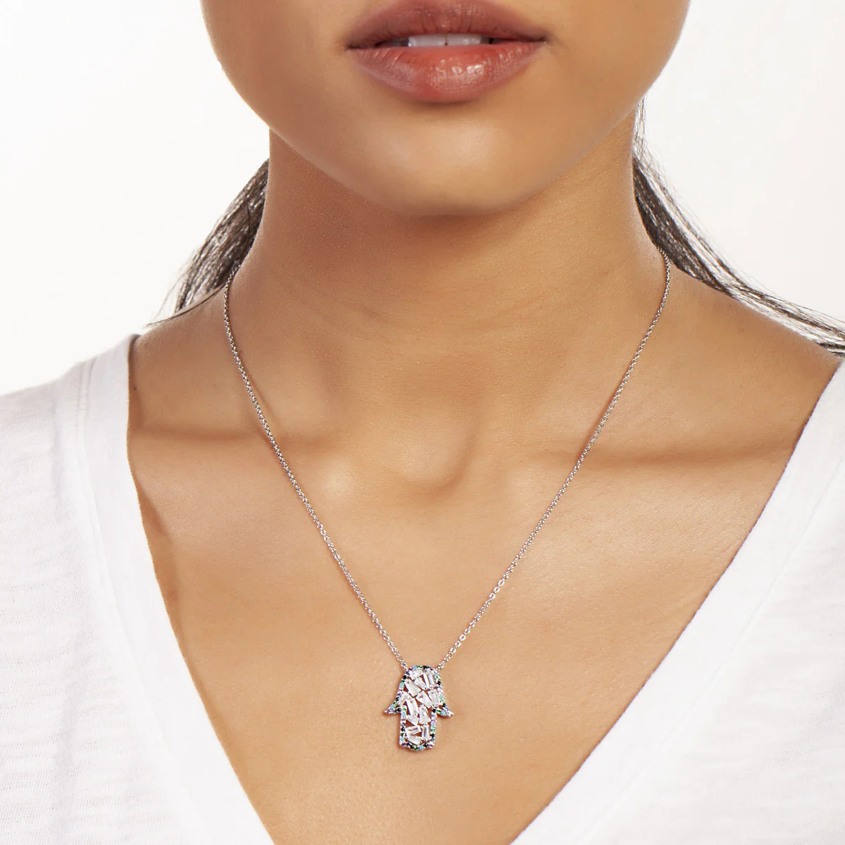 Elegant Confetti Women's 18K White Gold Plated CZ Simulated Diamond Hamsa Charm Fashion Necklace 18k White Gold - Image 2