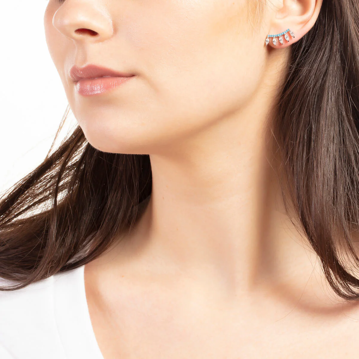 Elegant Confetti Women's 18K White Gold Plated CZ Simulated Turquoise Boho Marquis Fringe Earrings 18k White Gold - Image 2