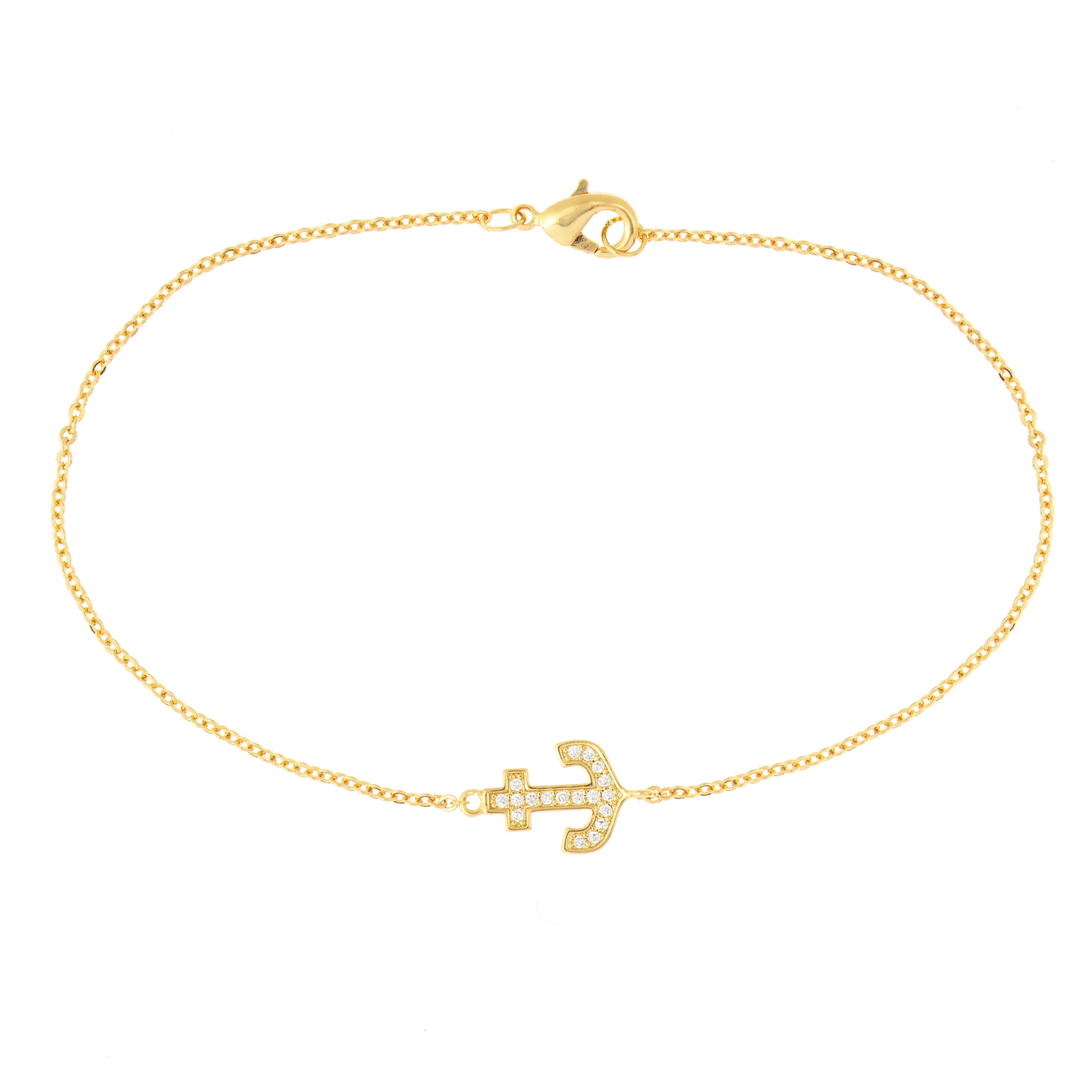 Elegant Confetti Women's 18K Yellow Gold Plated CZ Simulated Diamond Anchor Pendant Bracelet 18k Yellow Gold