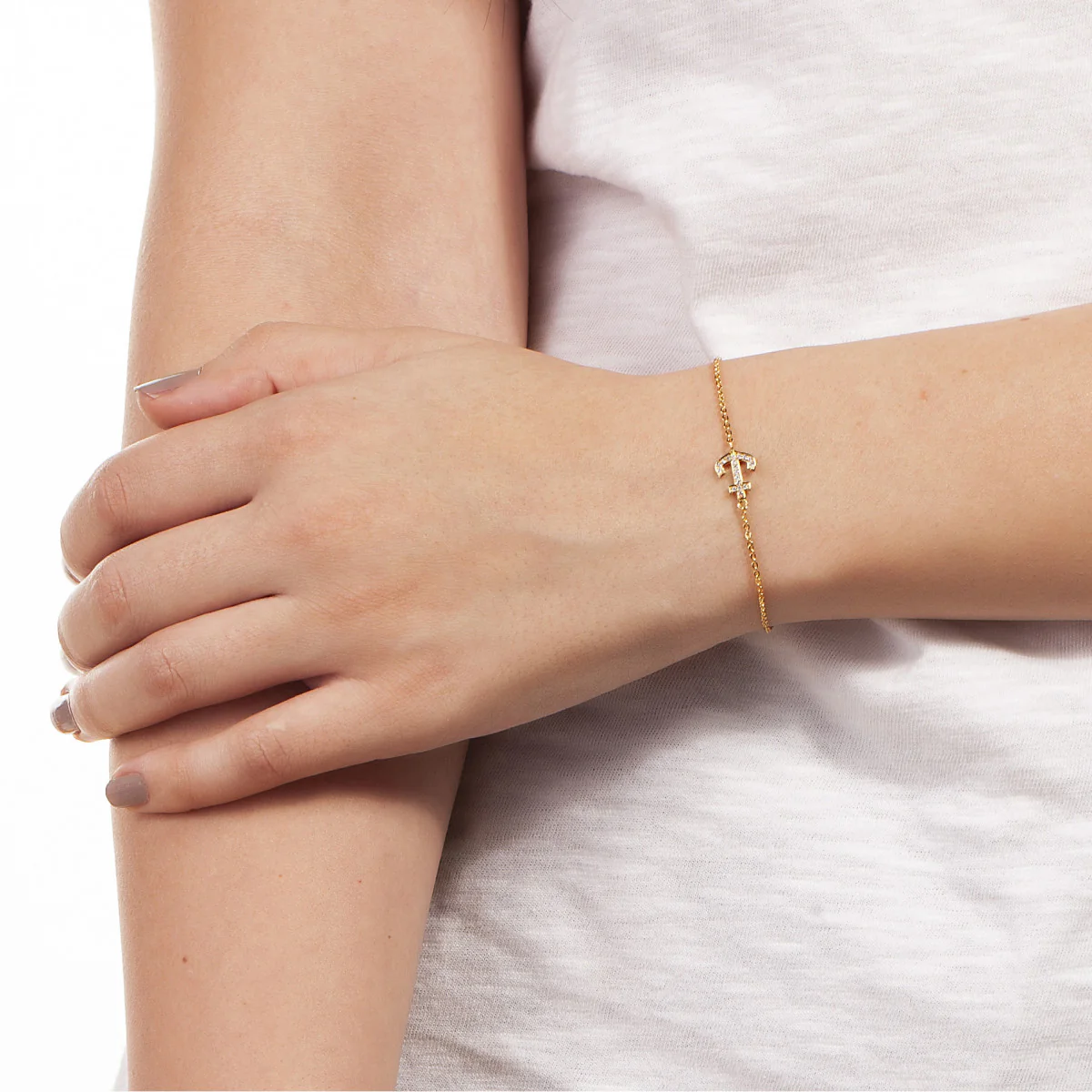 Elegant Confetti Women's 18K Yellow Gold Plated CZ Simulated Diamond Anchor Pendant Bracelet 18k Yellow Gold - Image 2