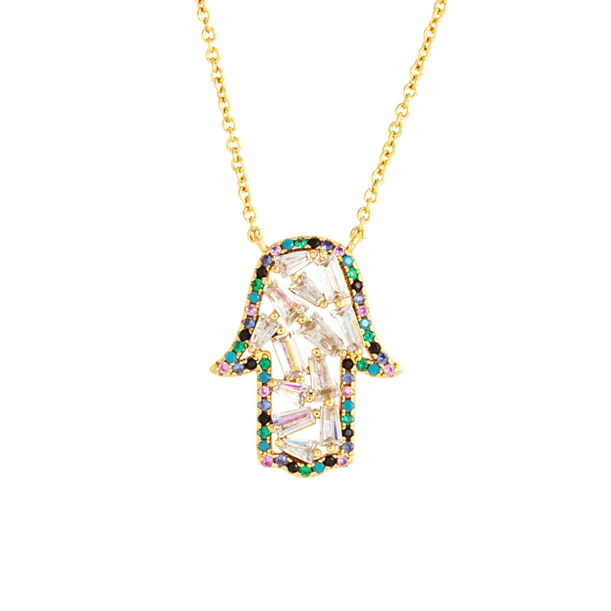 Elegant Confetti Women's 18K Yellow Gold Plated CZ Simulated Diamond Hamsa Charm Fashion Necklace 18k Yellow Gold