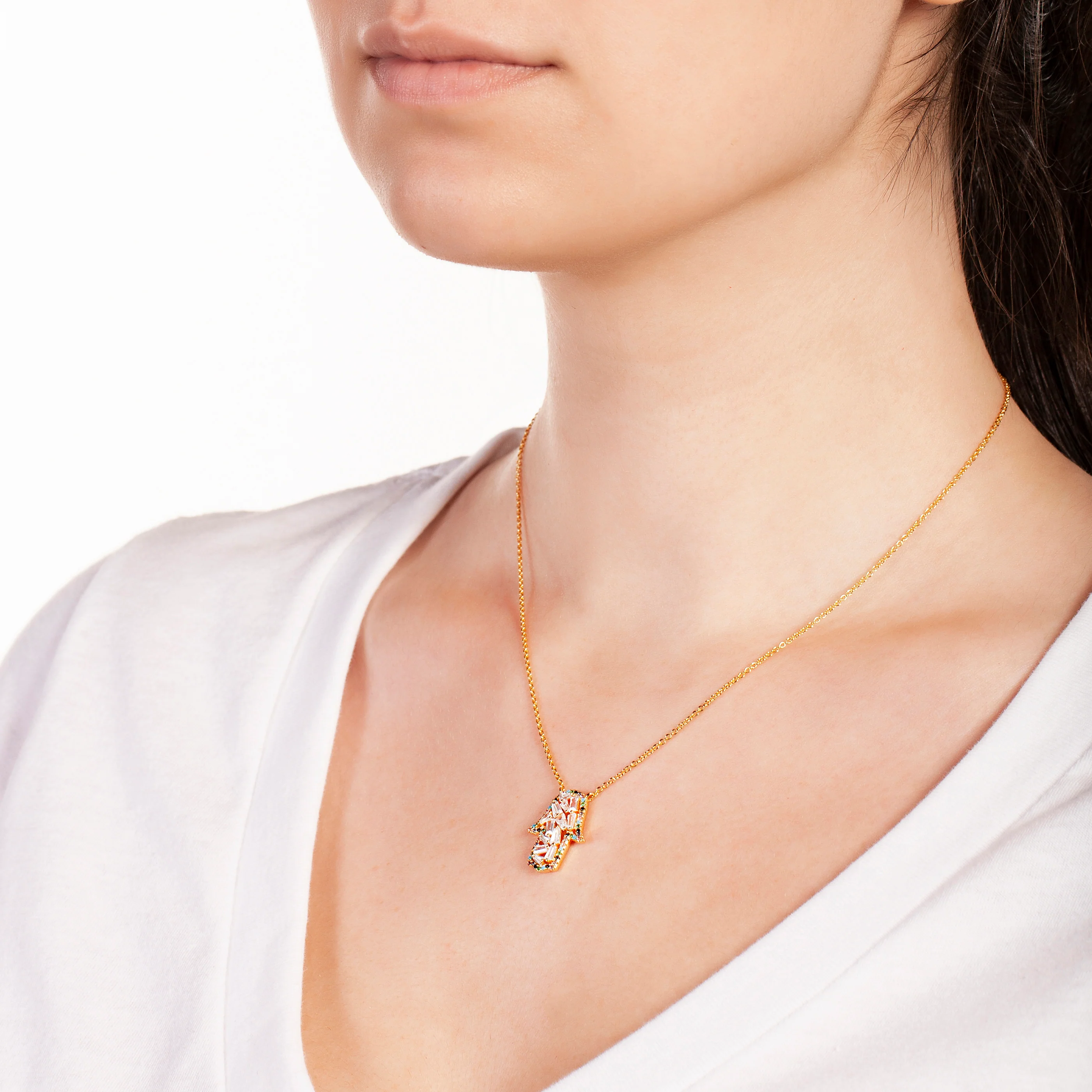 Elegant Confetti Women's 18K Yellow Gold Plated CZ Simulated Diamond Hamsa Charm Fashion Necklace 18k Yellow Gold - Image 2