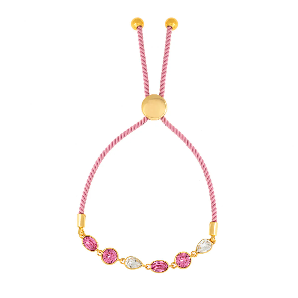 Elegant Confetti Women's 18K Yellow Gold Plated Pink and White Swarovski Crystal Adjustable Bolo Pink Rope Bracelet 18k Yellow Gold