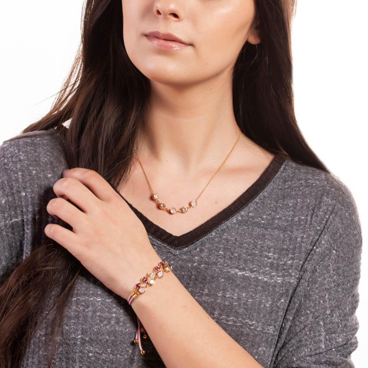 Elegant Confetti Women's 18K Yellow Gold Plated Pink and White Swarovski Crystal Adjustable Bolo Pink Rope Bracelet 18k Yellow Gold - Image 3