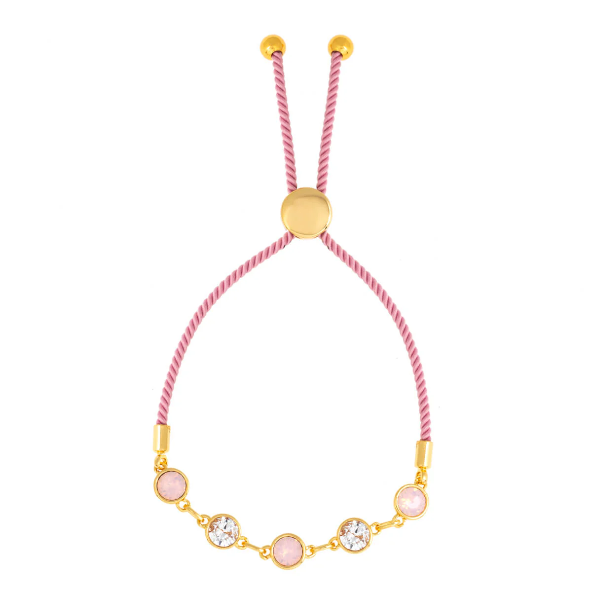 Elegant Confetti Women's 18K Yellow Gold Plated Pink and White Swarovski Crystal Adjustable Bolo Pink Rope Bracelet 18k Yellow Gold