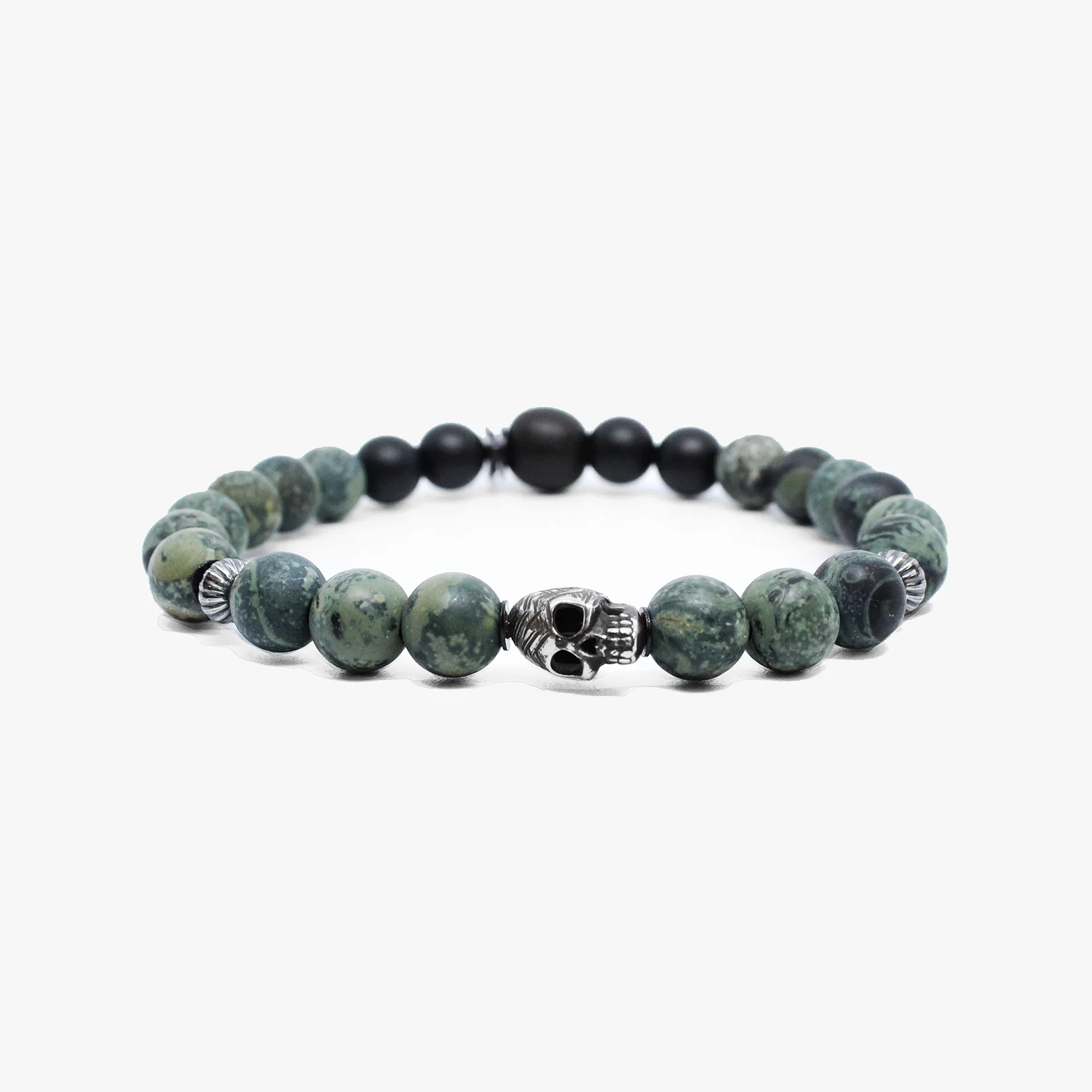 Etched sterling skull, green kambaba jasper M (7.25" Wrist) |  Dial - Image 2