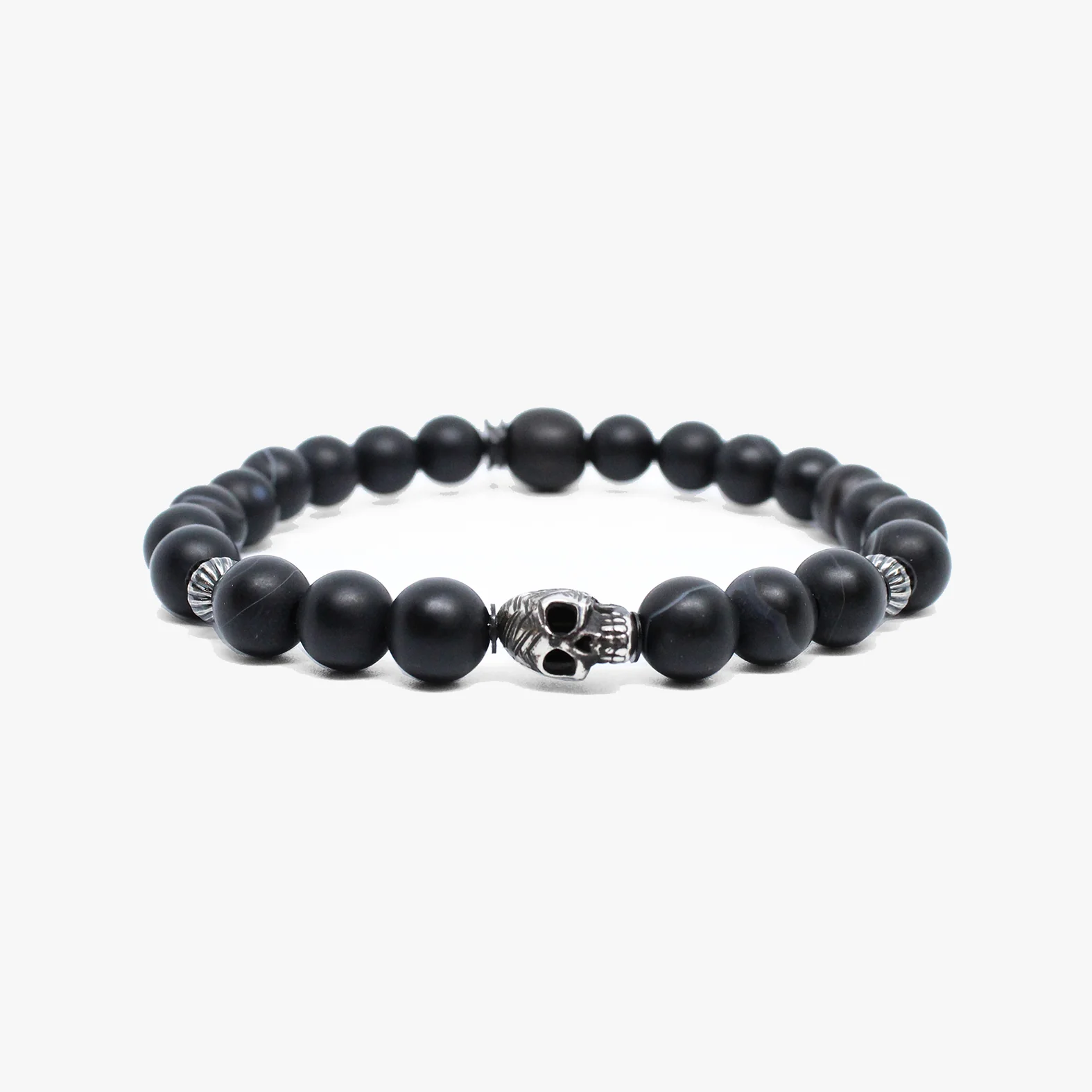 Etched sterling skull, striped black agate M (7.25" Wrist) |  Dial - Image 2