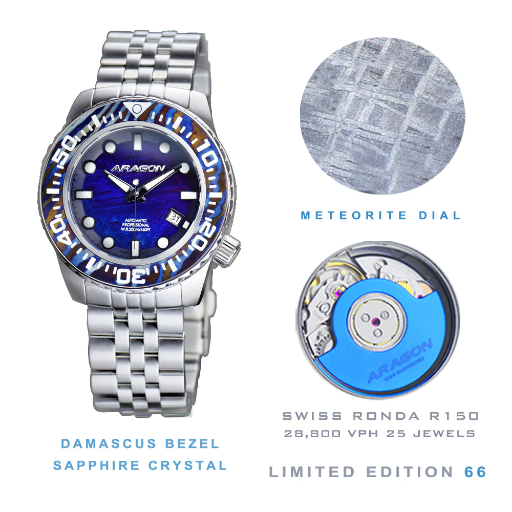 EVO Meteorite Swiss Automatic Limited Edition Titanium Damascus Bezel - Blue | Dark Blue Dial - Image 2