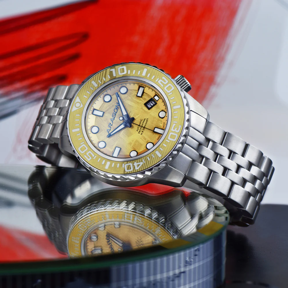 EVO Meteorite Swiss Automatic Limited Edition Titanium Damascus Bezel - Gold | Gold Dial - Image 3