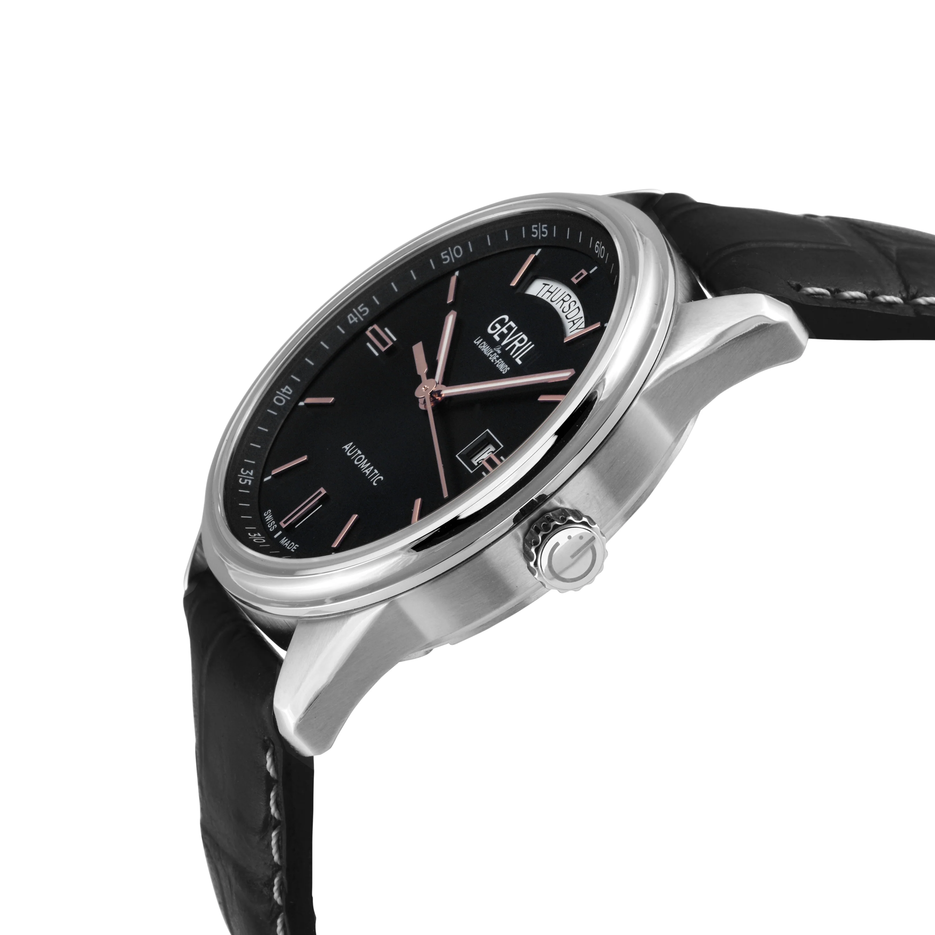 Excelsior Swiss made Automatic Sellita SW240, Day Date Black Dial,  Black Italian Handmade Leather Strap | Black Dial - Image 2