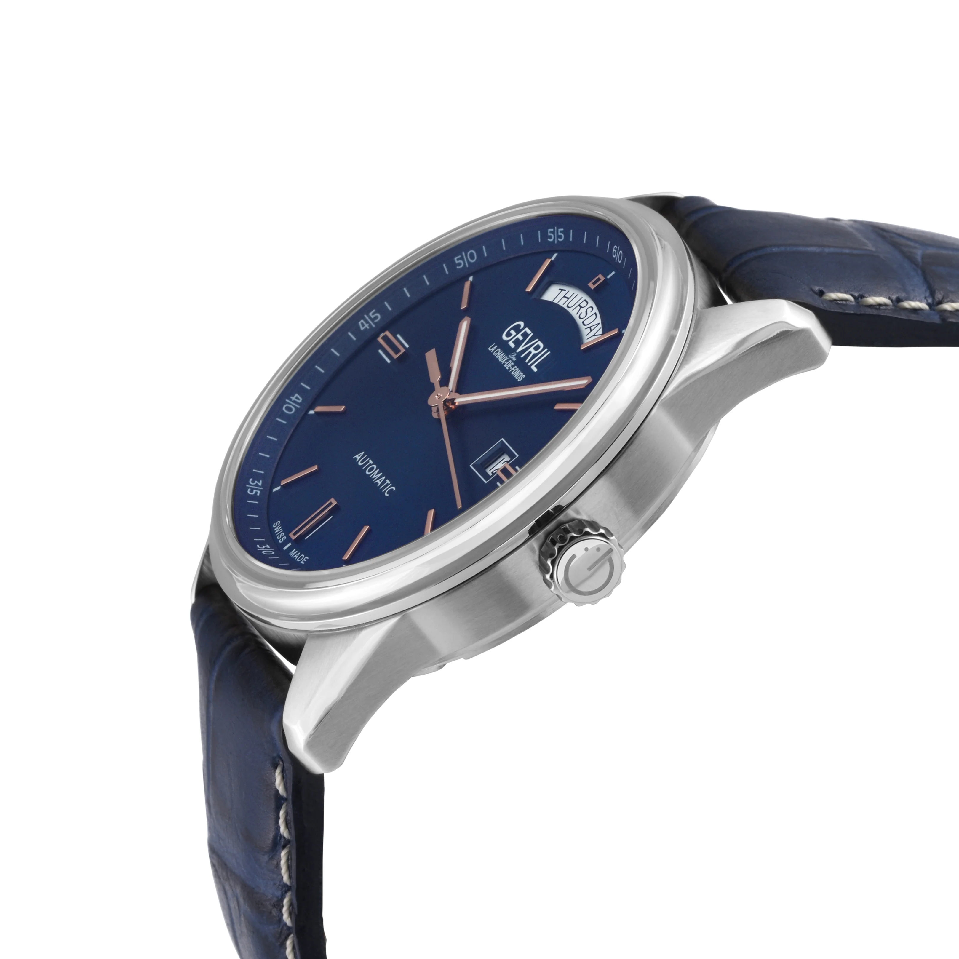 Excelsior Swiss made Automatic Sellita SW240, Day Date Blue Dial,  Blue Italian Handmade Leather Strap | Blue Dial - Image 2