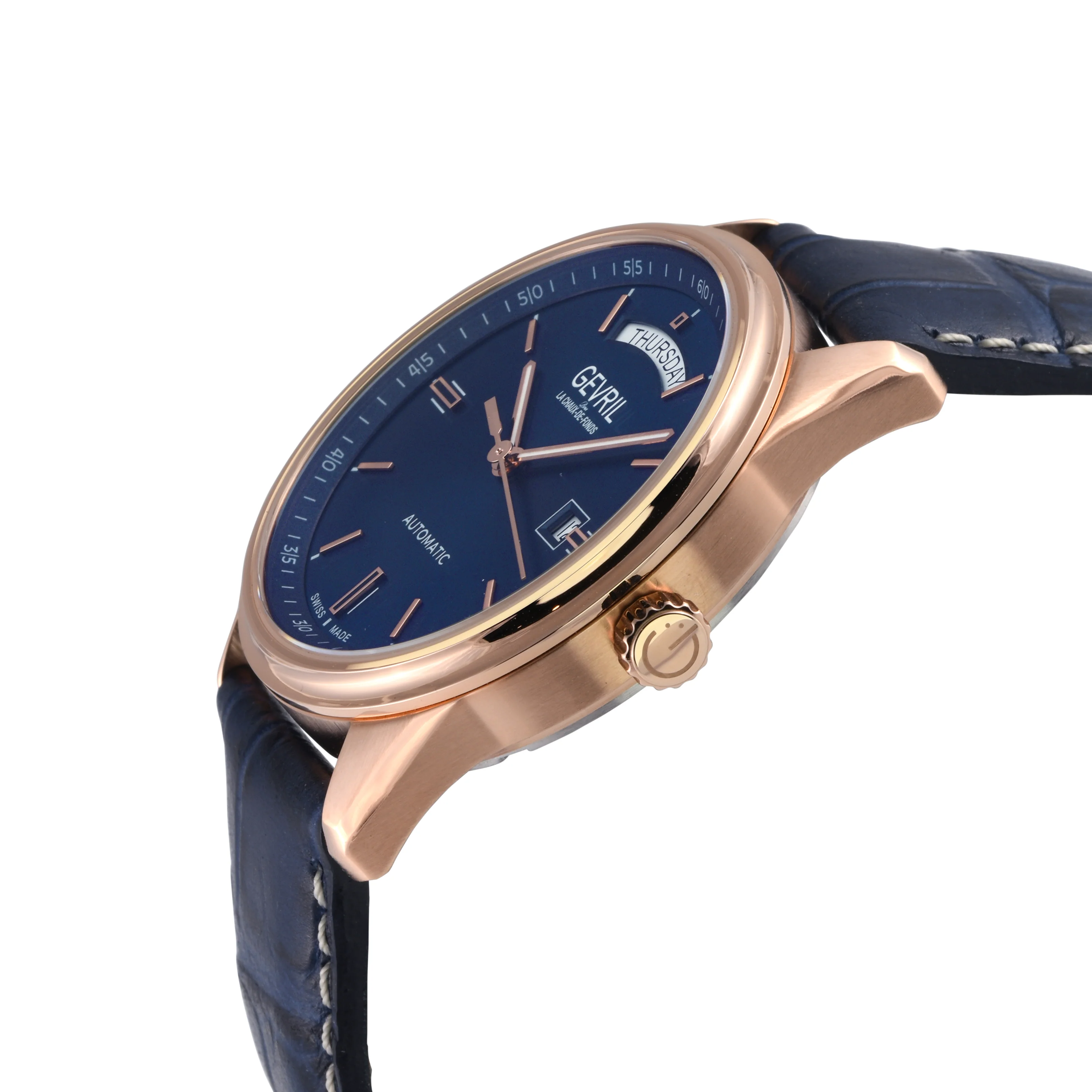 Excelsior Swiss made Automatic Sellita SW240, Day Date Blue Dial, RG Case, Blue Italian Handmade Leather Strap | Blue Dial - Image 2