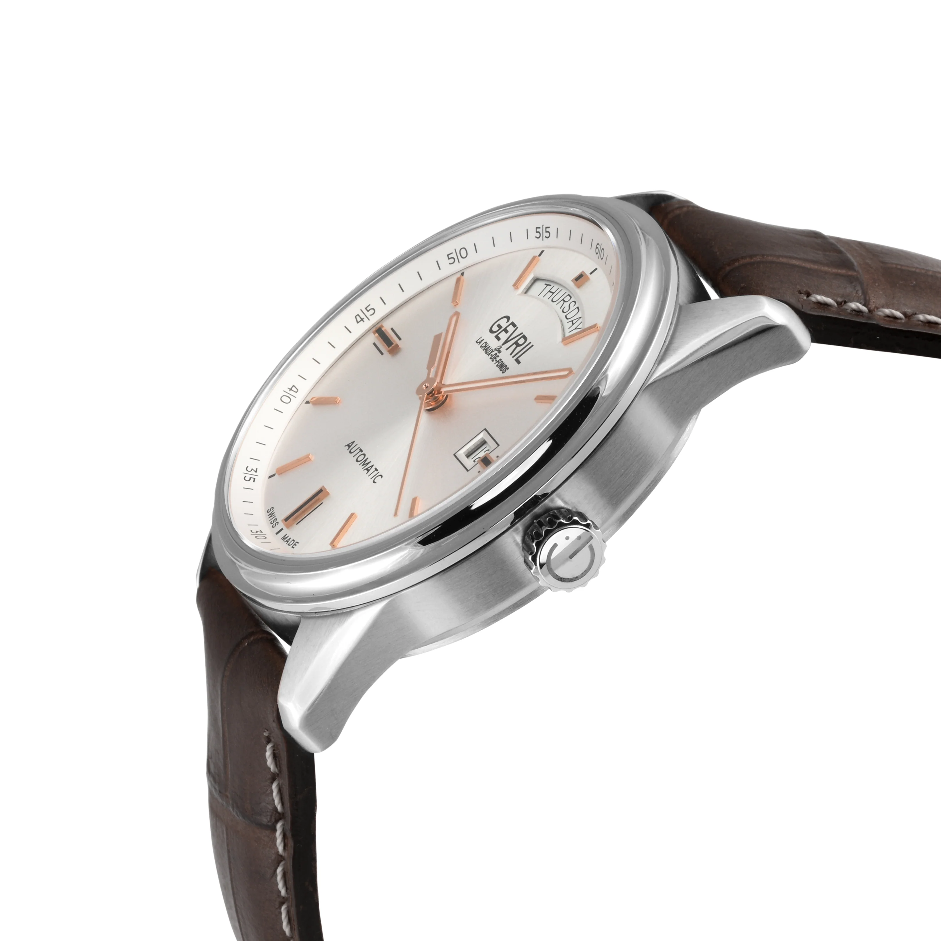 Excelsior Swiss made Automatic Sellita SW240, Silver Dial, Day/Date, Brown Leather strap | Silver Dial - Image 2