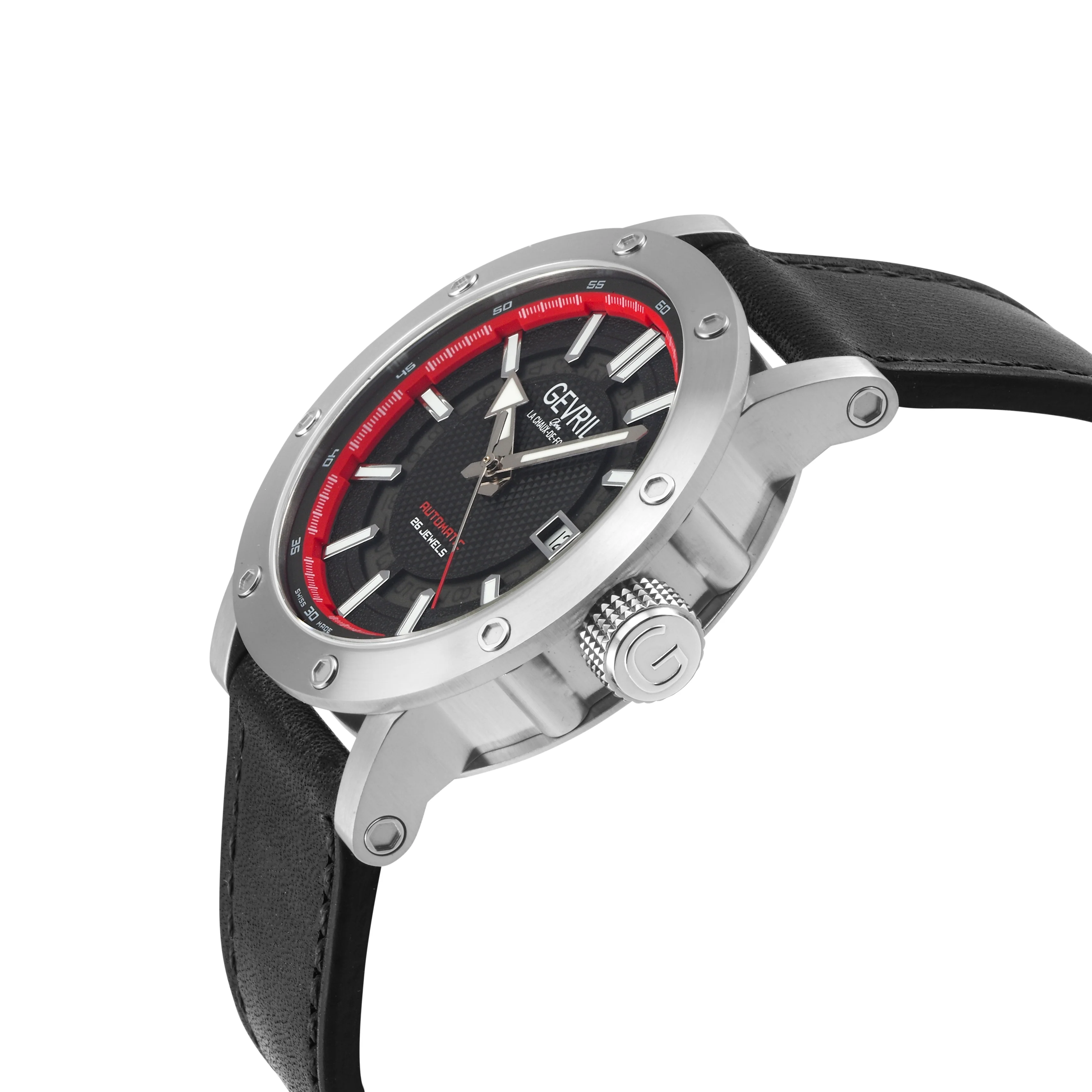 Flat Iron Swiss Made Automatic, 42mm Stainless Steel, Black Dial, Black Italian Leather Strap | Black/Red Dial - Image 2