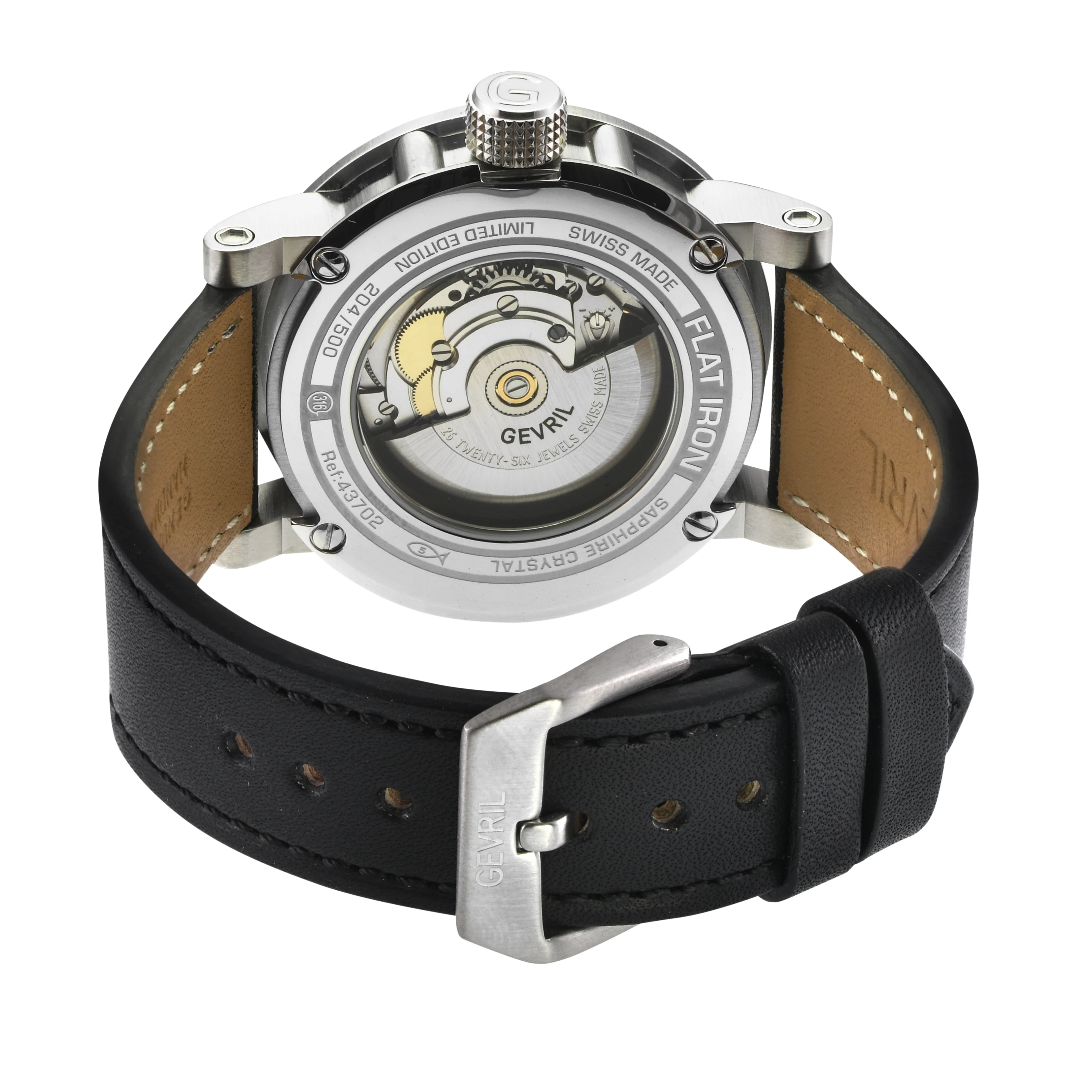Flat Iron Swiss Made Automatic, 42mm Stainless Steel, Black Dial, Black Italian Leather Strap | Black/Red Dial - Image 3