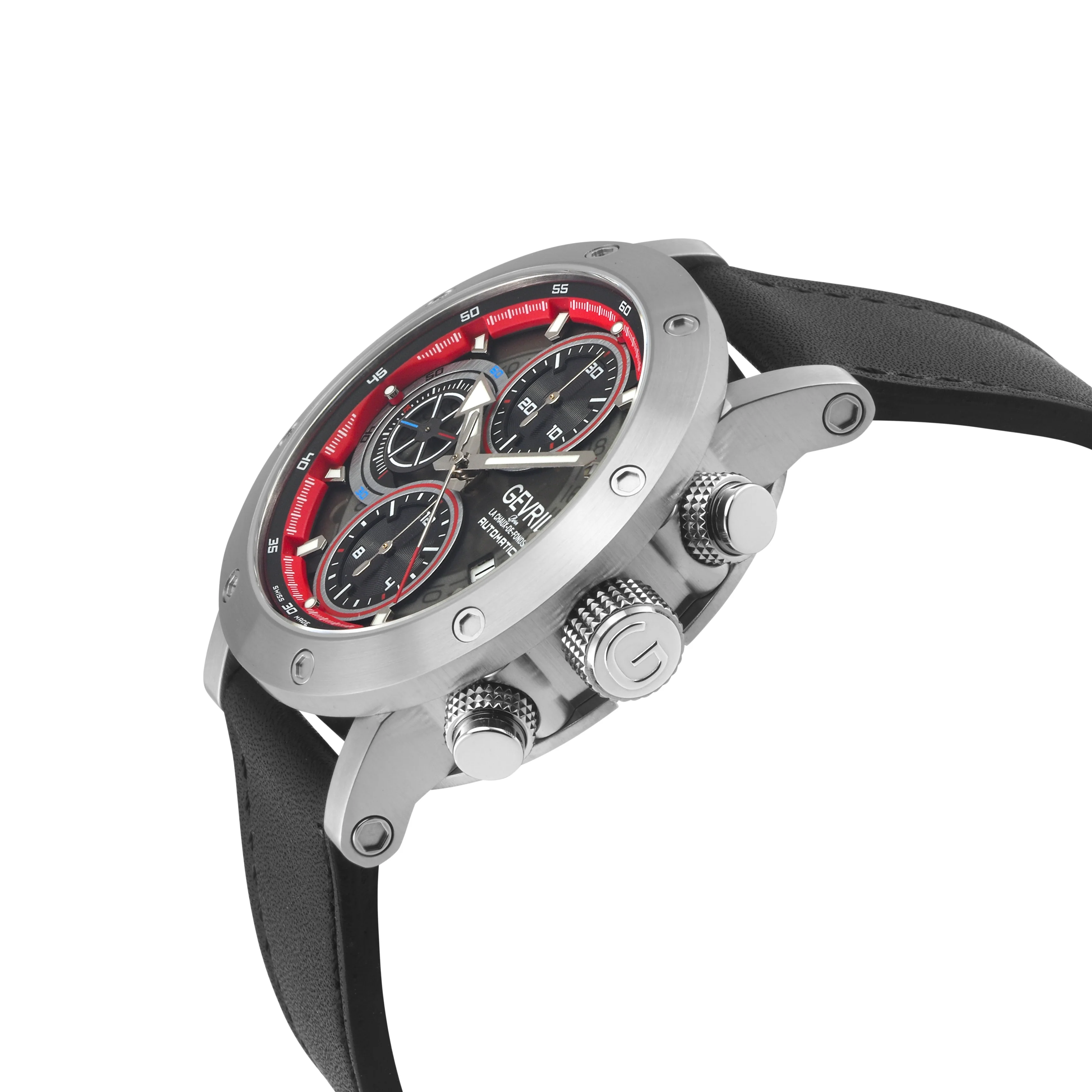 Flat Iron - Chronograph Swiss Made Automatic Chronograph, 42mm Stainless Steel, Black Dial, Black Italian Leather Strap | Black/Red Dial - Image 2