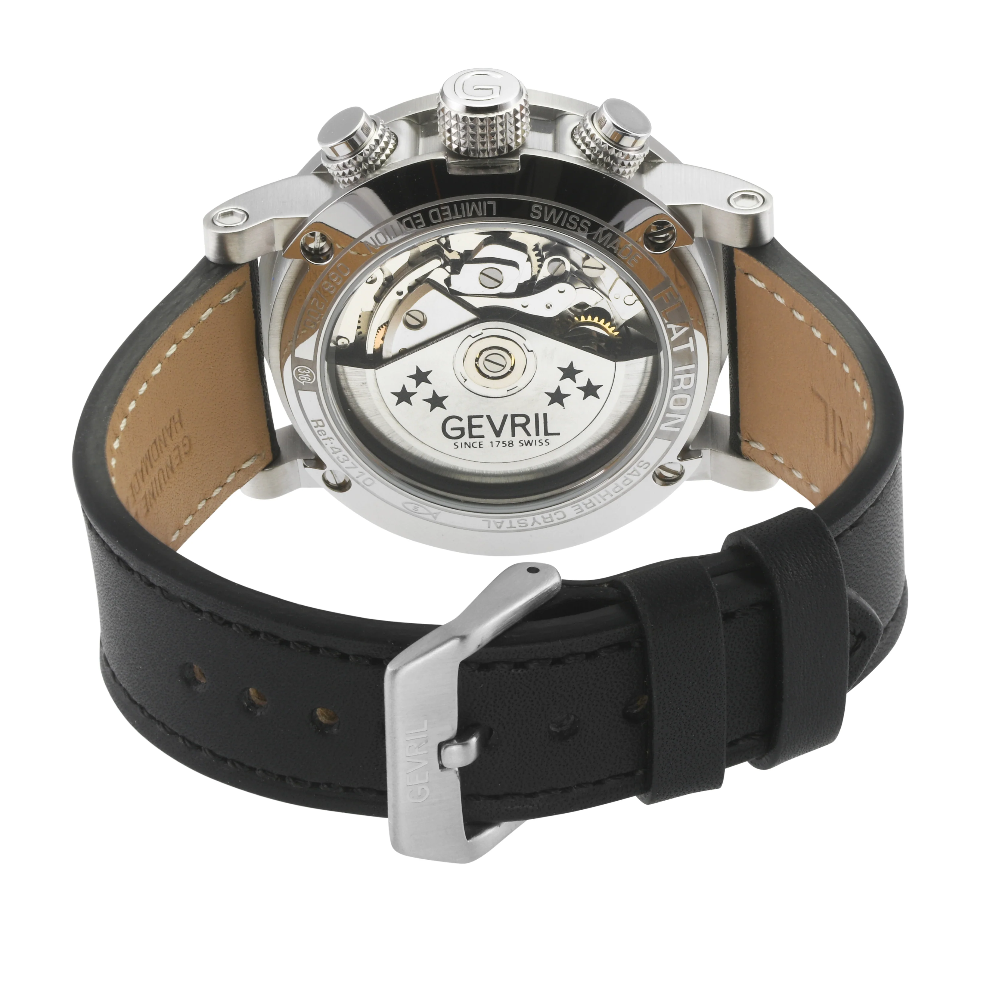 Flat Iron - Chronograph Swiss Made Automatic Chronograph, 42mm Stainless Steel, Black Dial, Black Italian Leather Strap | Black/Red Dial - Image 3