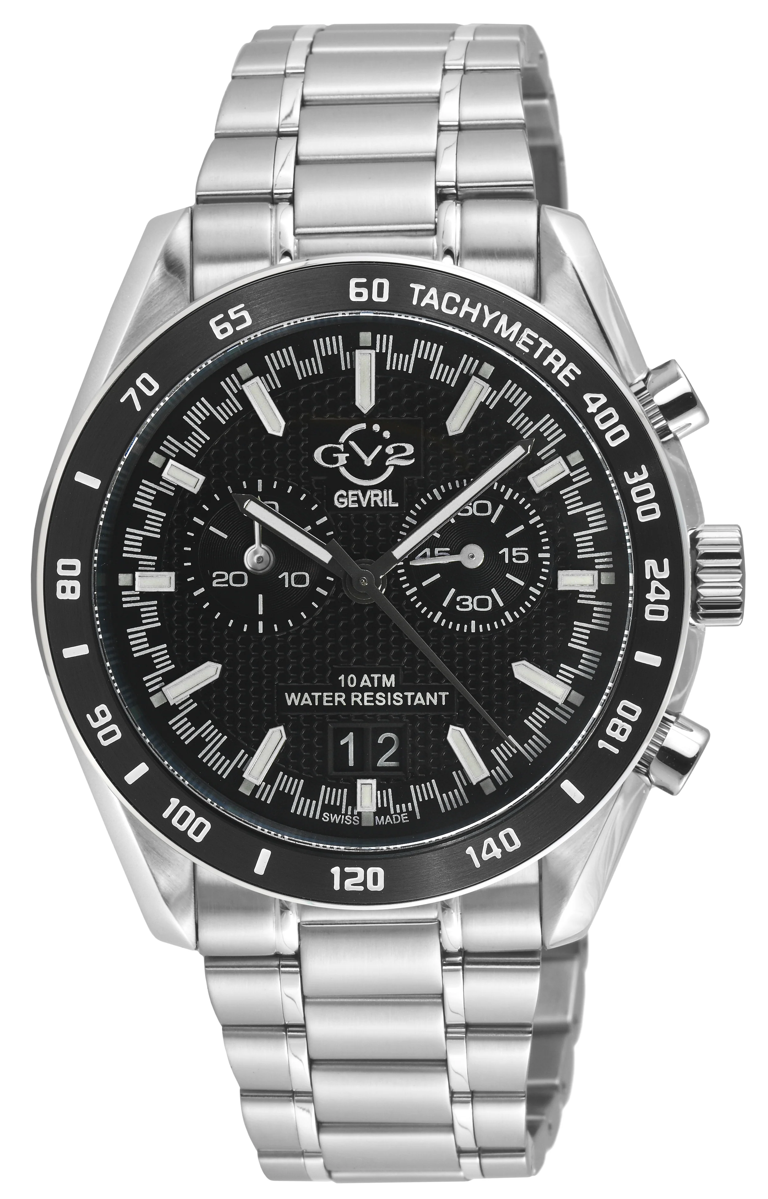 Freccia-Chronograph GV2 Swiss Quartz, 316L Case, Black Bezel, Black Dial, 316L Stainless Steel Bracelet | Black Dial