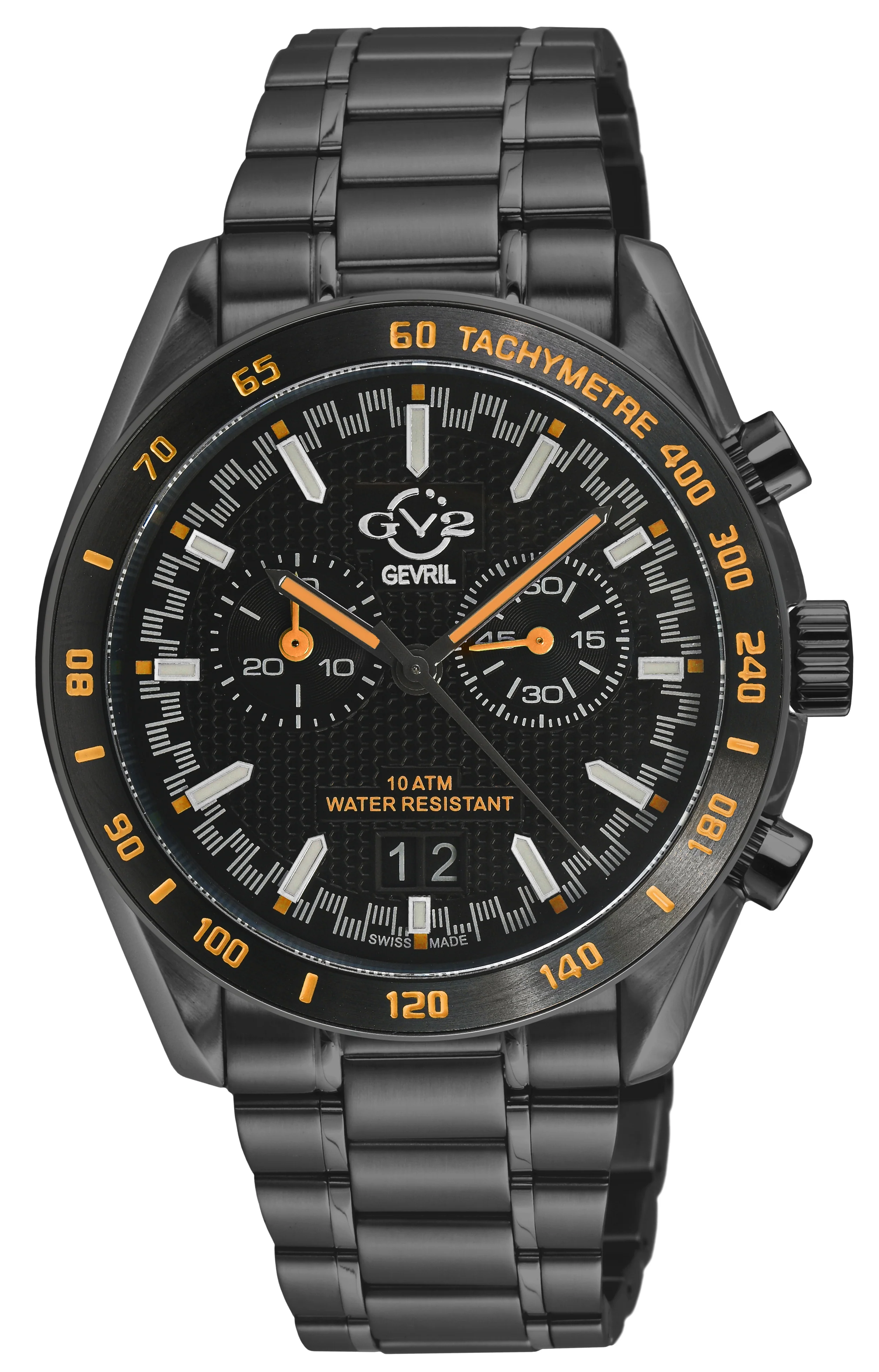 Freccia-Chronograph GV2 Swiss Quartz, SS/IPBLK Case, Black Bezel, Black Dial, IPBLK Stainless Steel Bracelet Black Dial