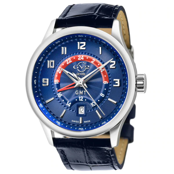 Giromondo GV2 By Gevril Mens Giromondo Stainless Steel Case Blue Dial Swiss Quartz Blue Calfskin Leather GMT Date Watch | Blue Dial
