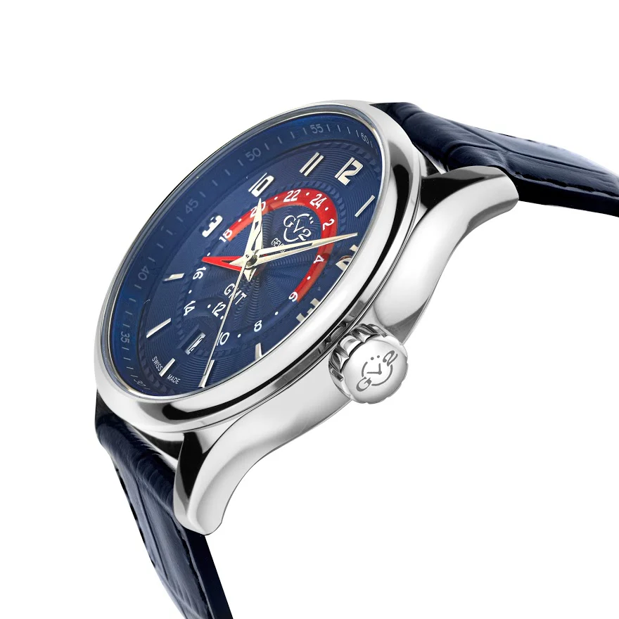 Giromondo GV2 By Gevril Mens Giromondo Stainless Steel Case Blue Dial Swiss Quartz Blue Calfskin Leather GMT Date Watch | Blue Dial - Image 2