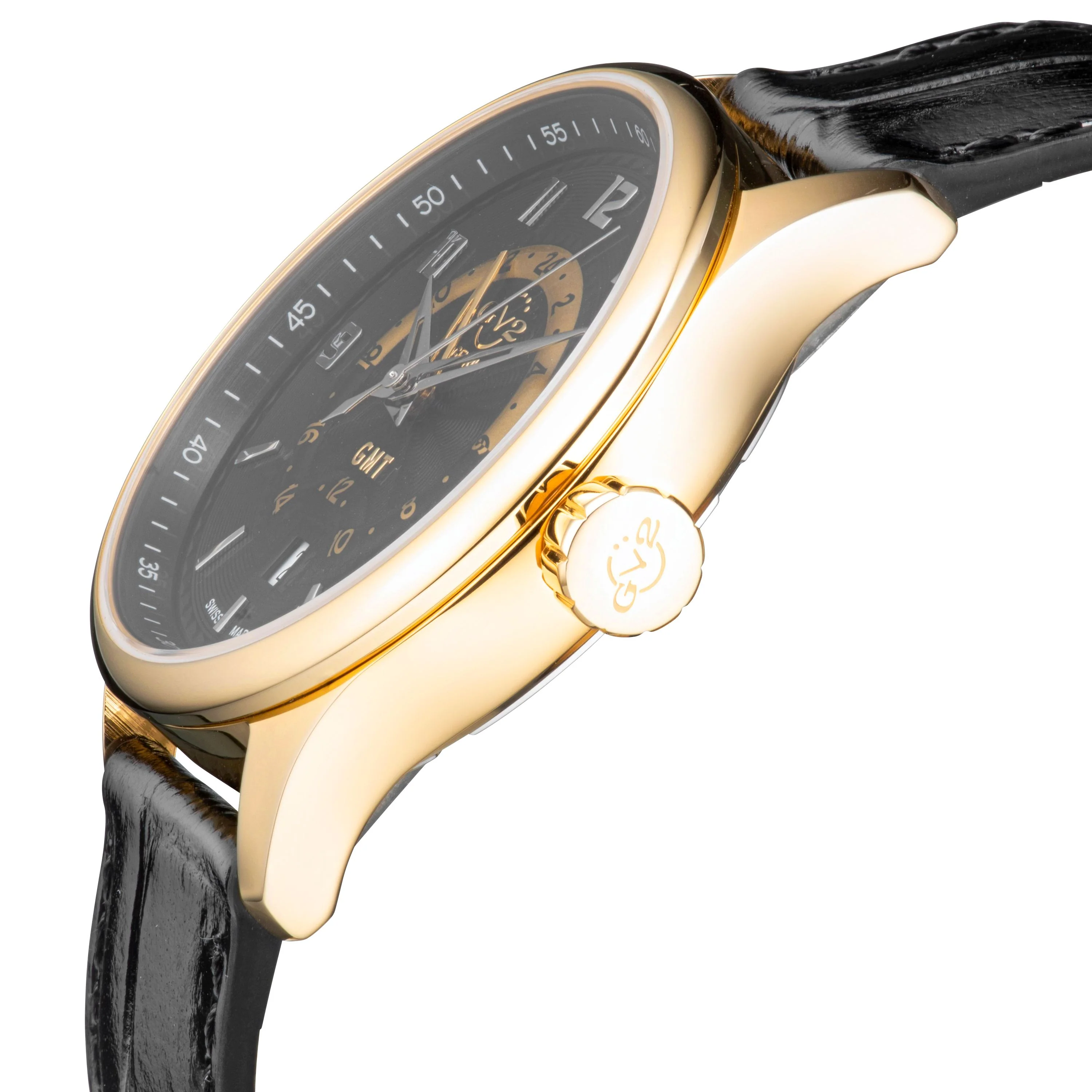 Giromondo GV2 by Gevril Swiss Made GMT  Gold Watch Black Leather Strap | Black Dial - Image 2