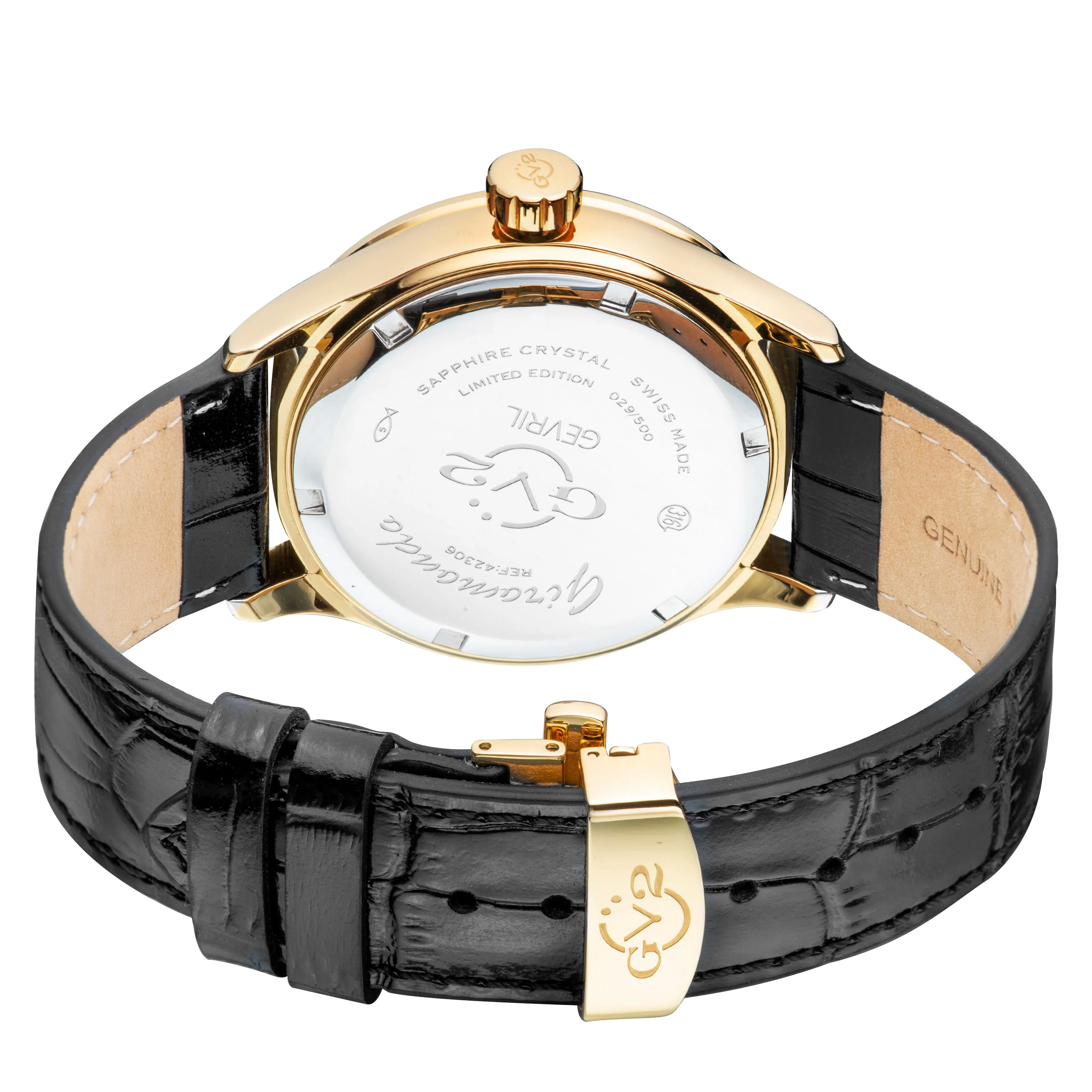 Giromondo GV2 by Gevril Swiss Made GMT  Gold Watch Black Leather Strap | Black Dial - Image 3