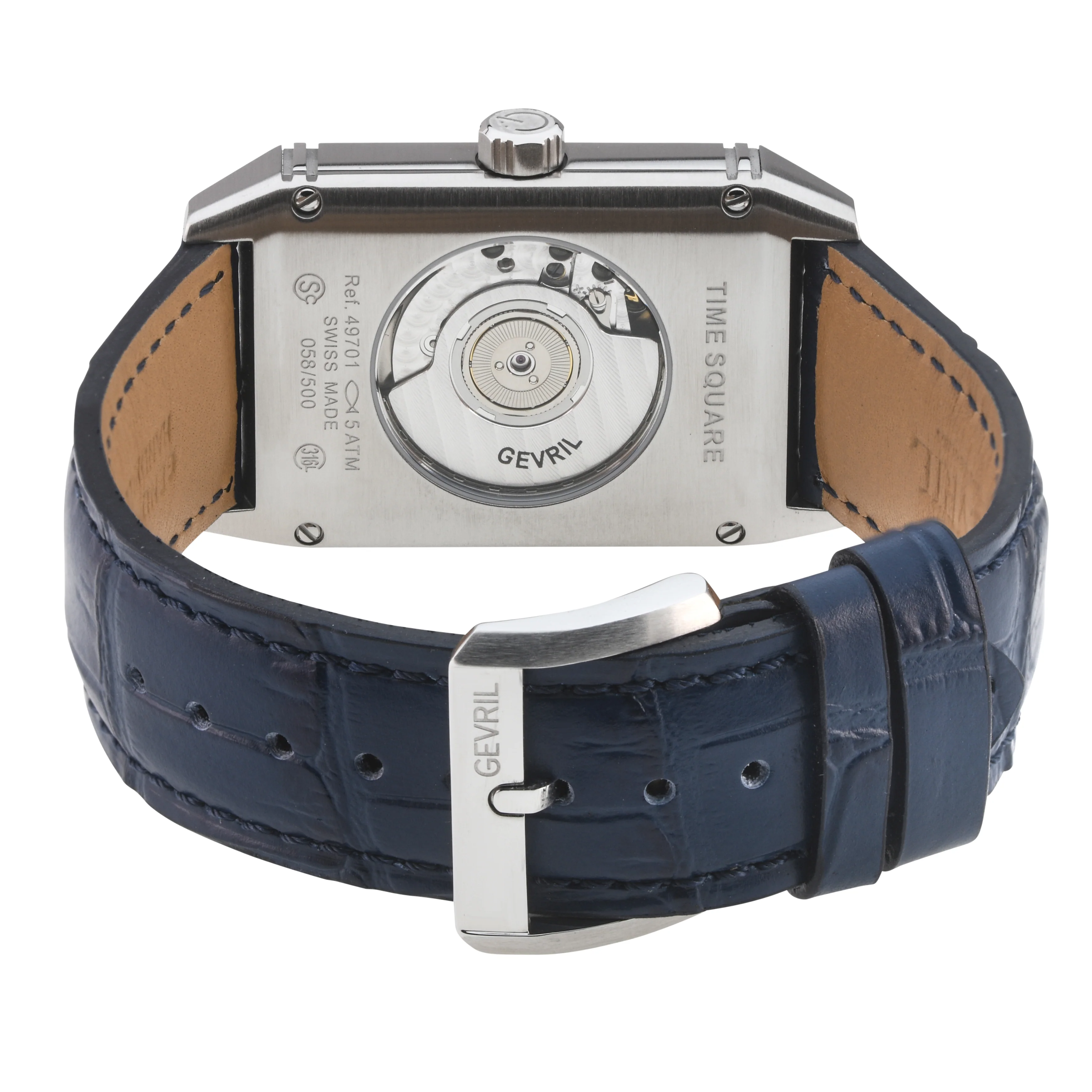 Time Square Gevril Men's Automatic Time Square, Blue Embossed dial, Blue Handmade Italian Leather Strap | Blue Dial - Image 3