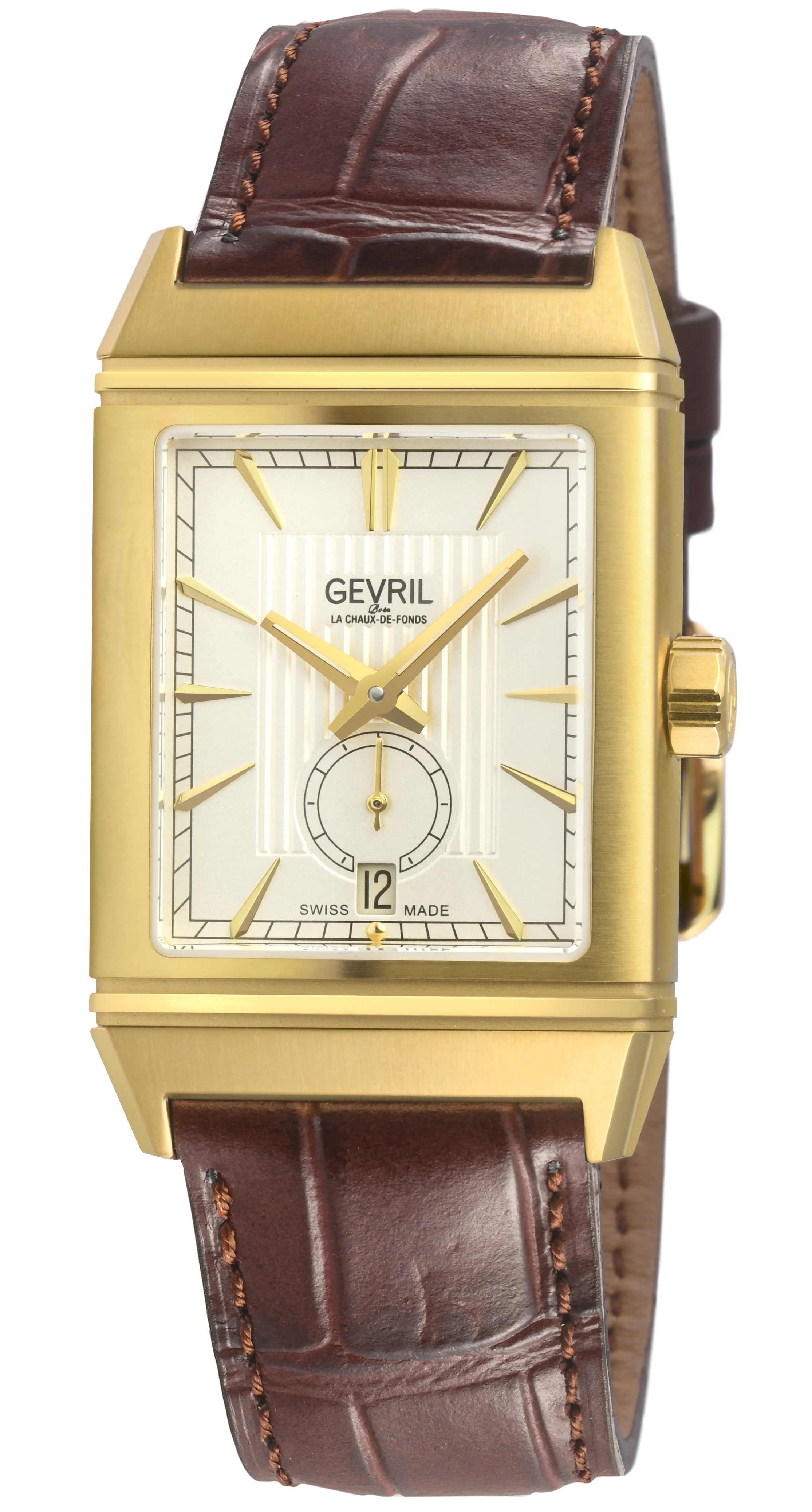 Time Square Gevril Men's Automatic Time Square, White Embossed dial, Brown Handmade Italian Leather Strap | White Dial - Image 3