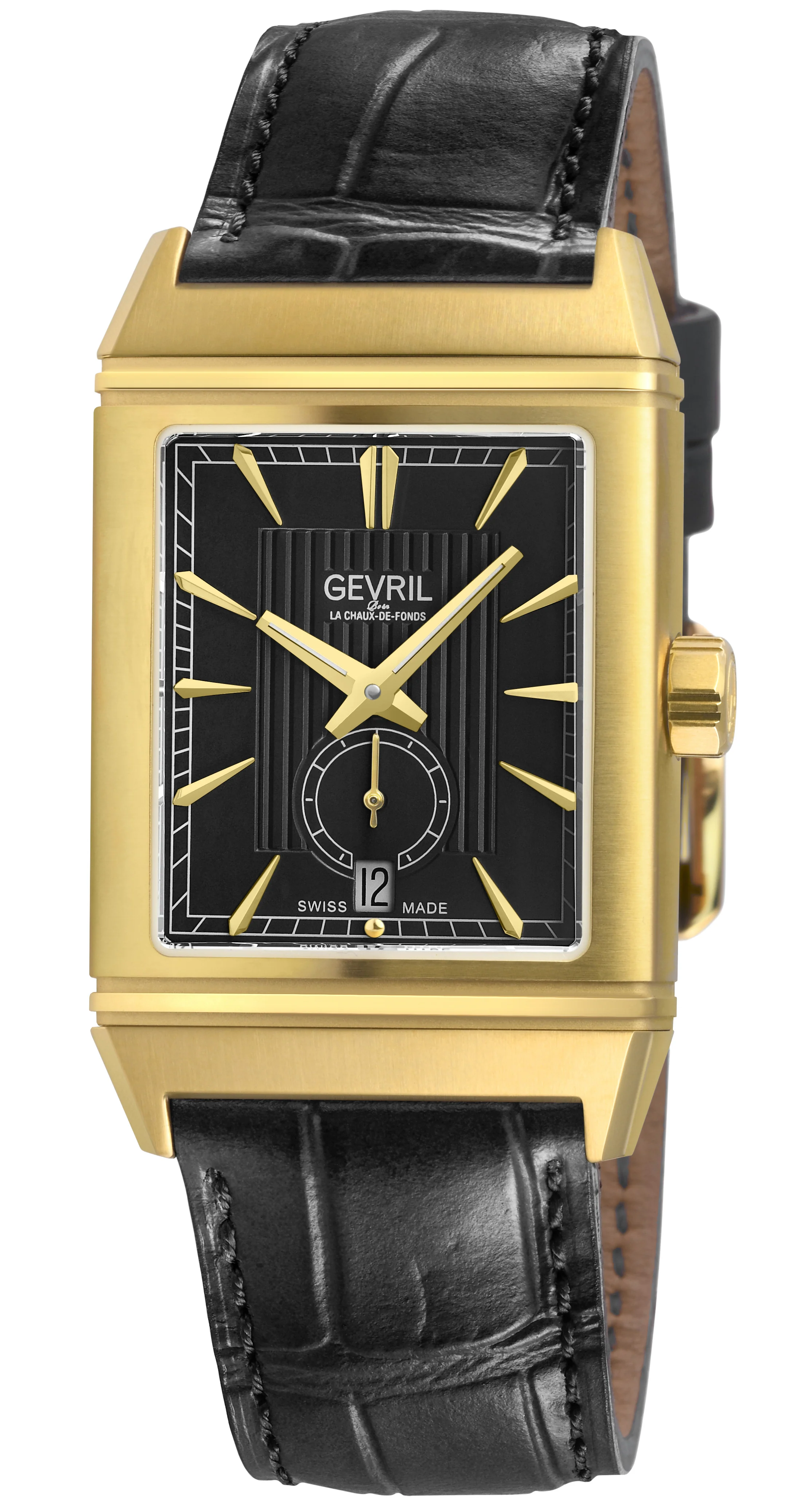 Time Square Gevril Men's Automatic Time Square, Black Embossed dial, Black Handmade Italian Leather Strap Black Dial