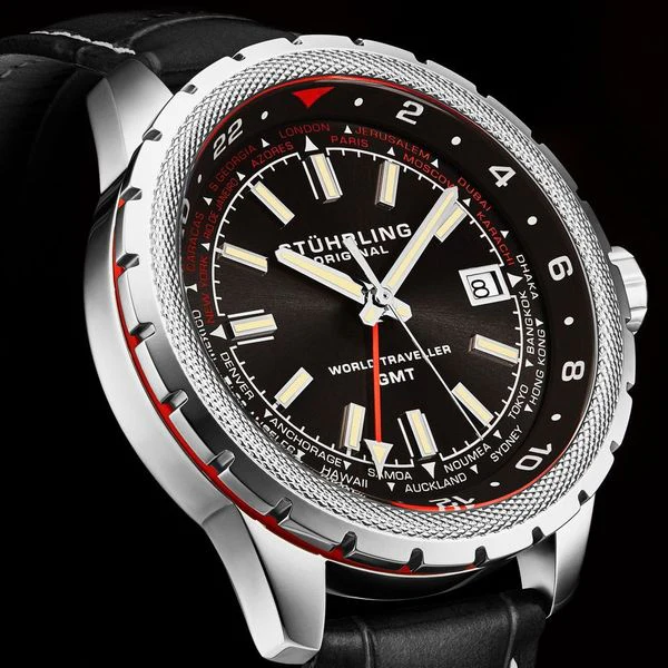 Global Voyager GMT 42mm World Timer Watch Black/Leather | Black Dial - Image 3