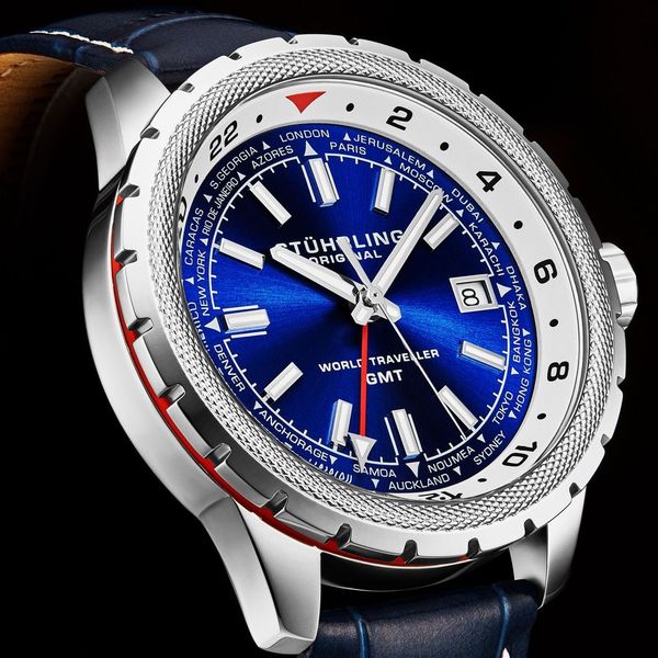Global Voyager GMT 42mm World Timer Watch Blue/Leather | Blue Dial - Image 3