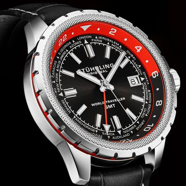 Global Voyager GMT 42mm World Timer Watch Black/Red | Black Dial - Image 3