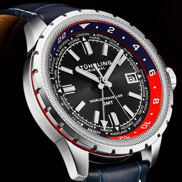 Global Voyager GMT 42mm World Timer Watch Blue/Leather | Black Dial - Image 3