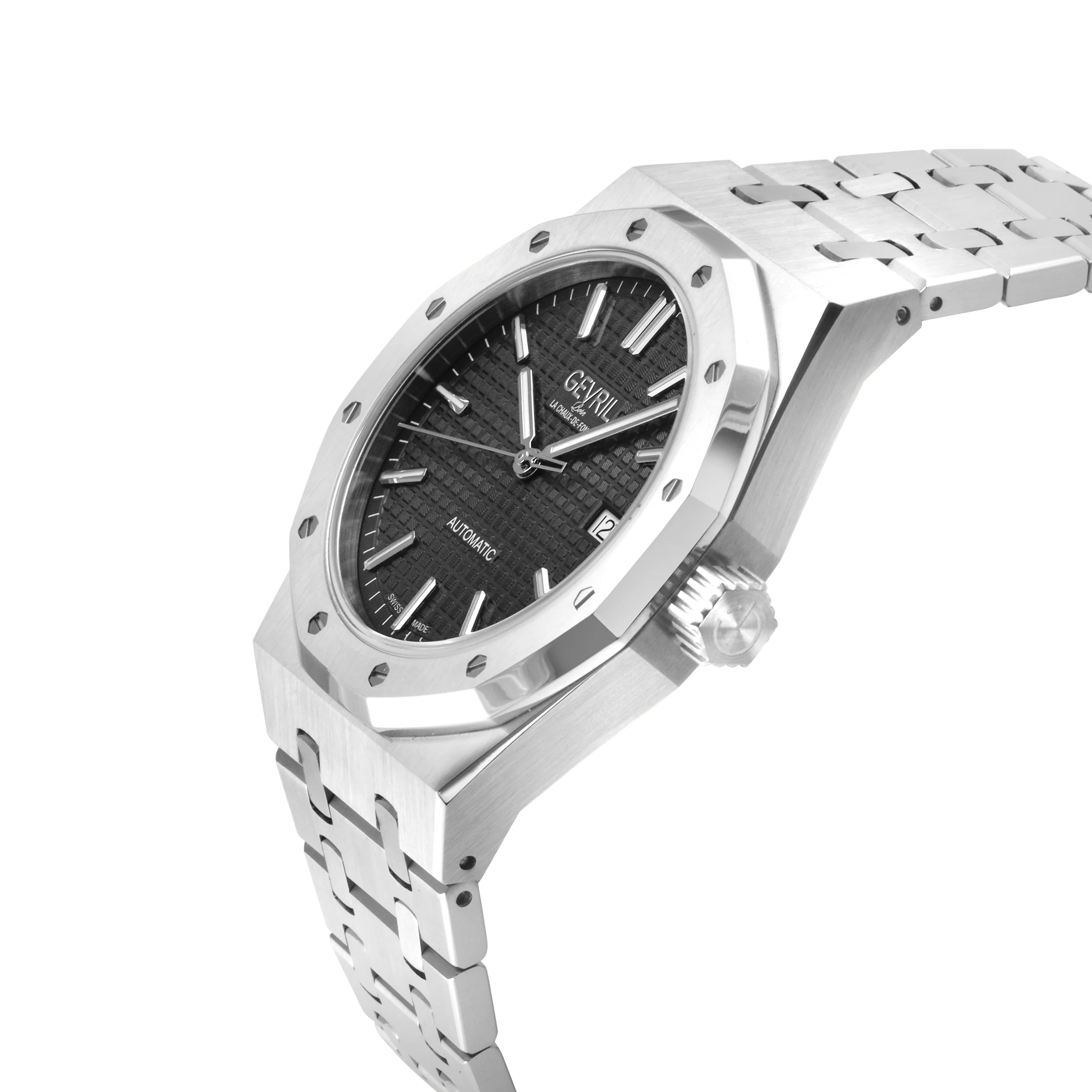 Gotham Swiss Automatic Movement Black Embossed Dial, 316L Stainless Steel Bracelet | Black Dial Dial - Image 2