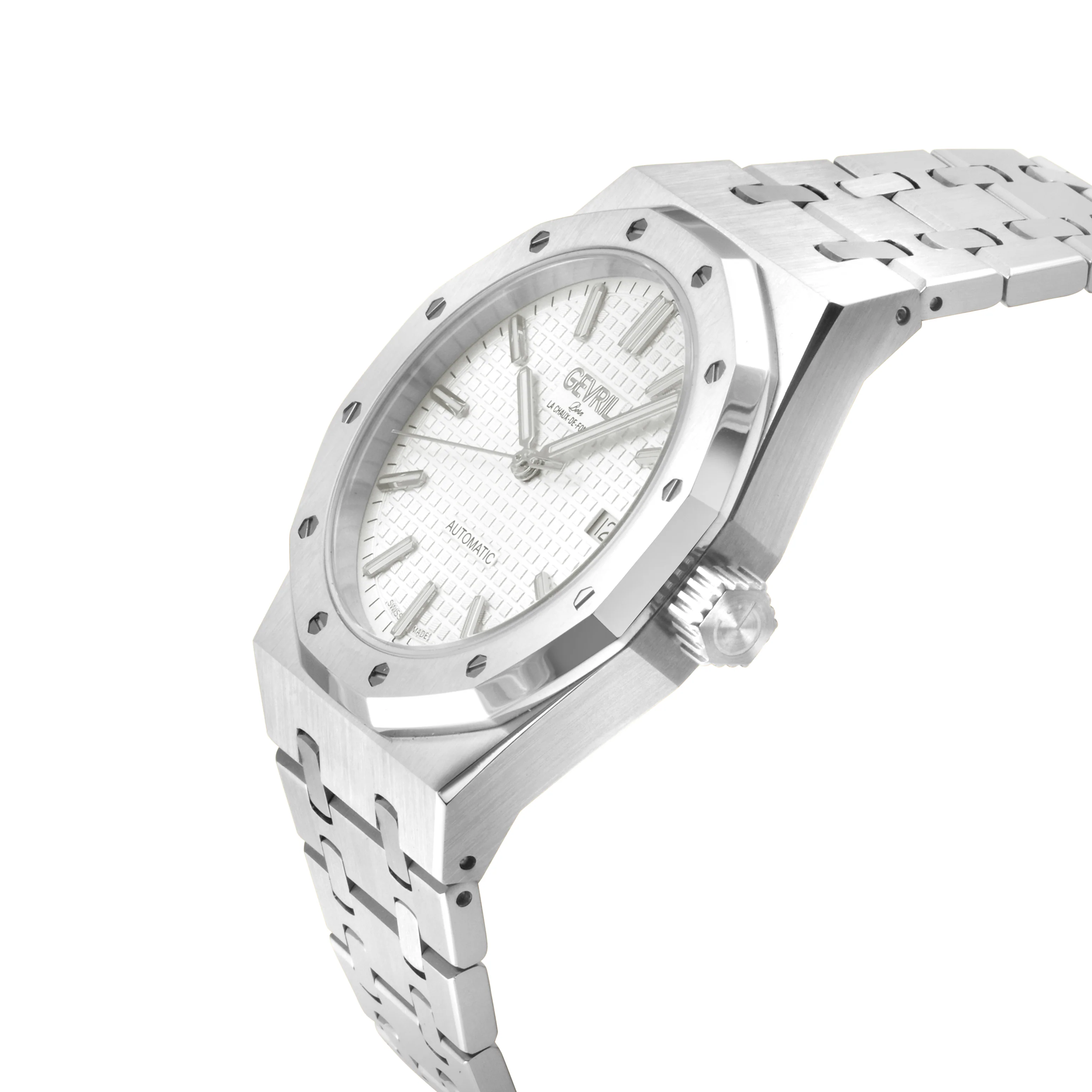 Gotham Swiss Automatic Movement, Silver/White Embossed Dial, 316L Stainless Steel Bracelet | White Dial - Image 2