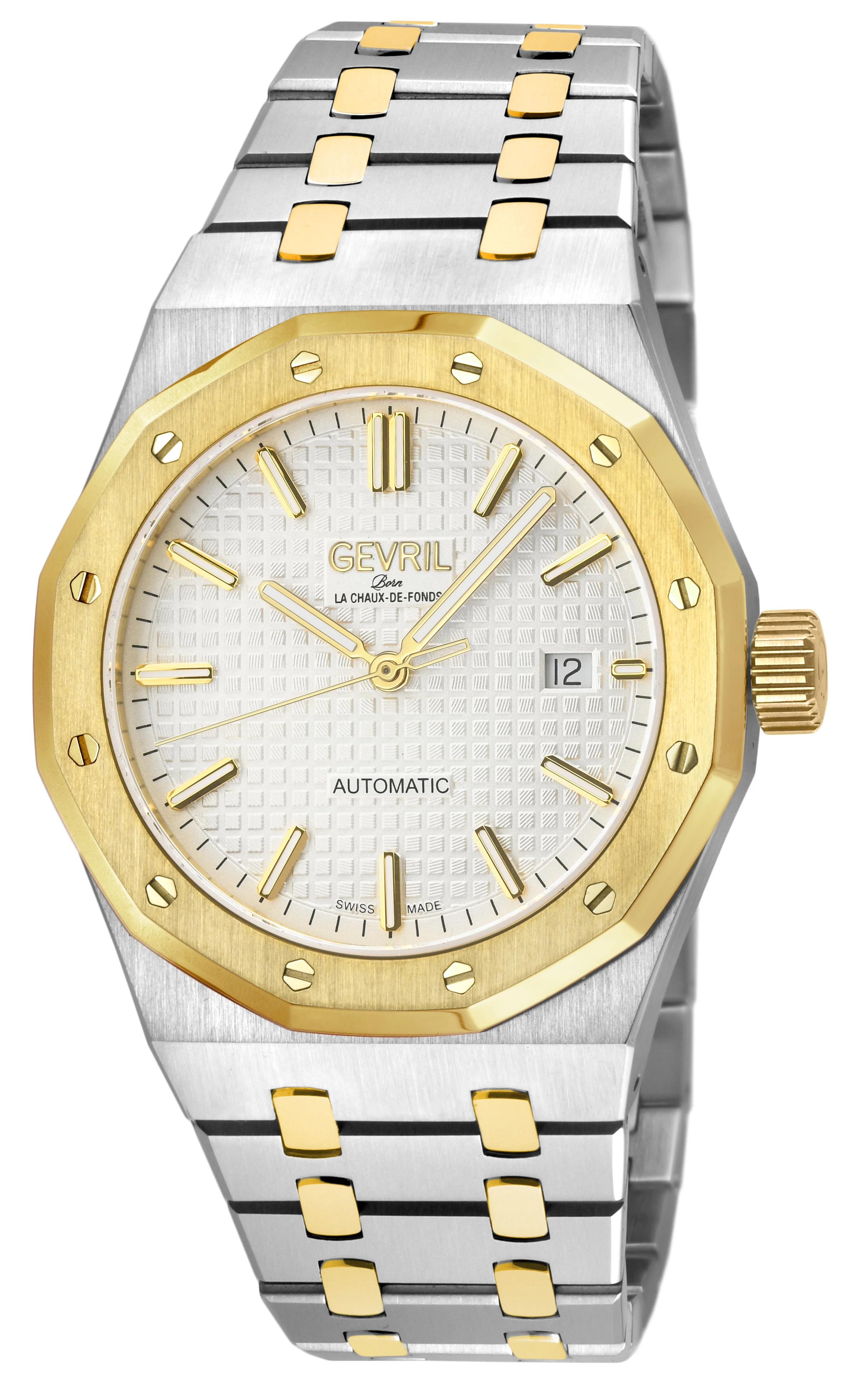 Gotham Swiss Automatic Movement, Silver/White Embossed Dial, Two tones SS/IPYG Bracelet | White Dial