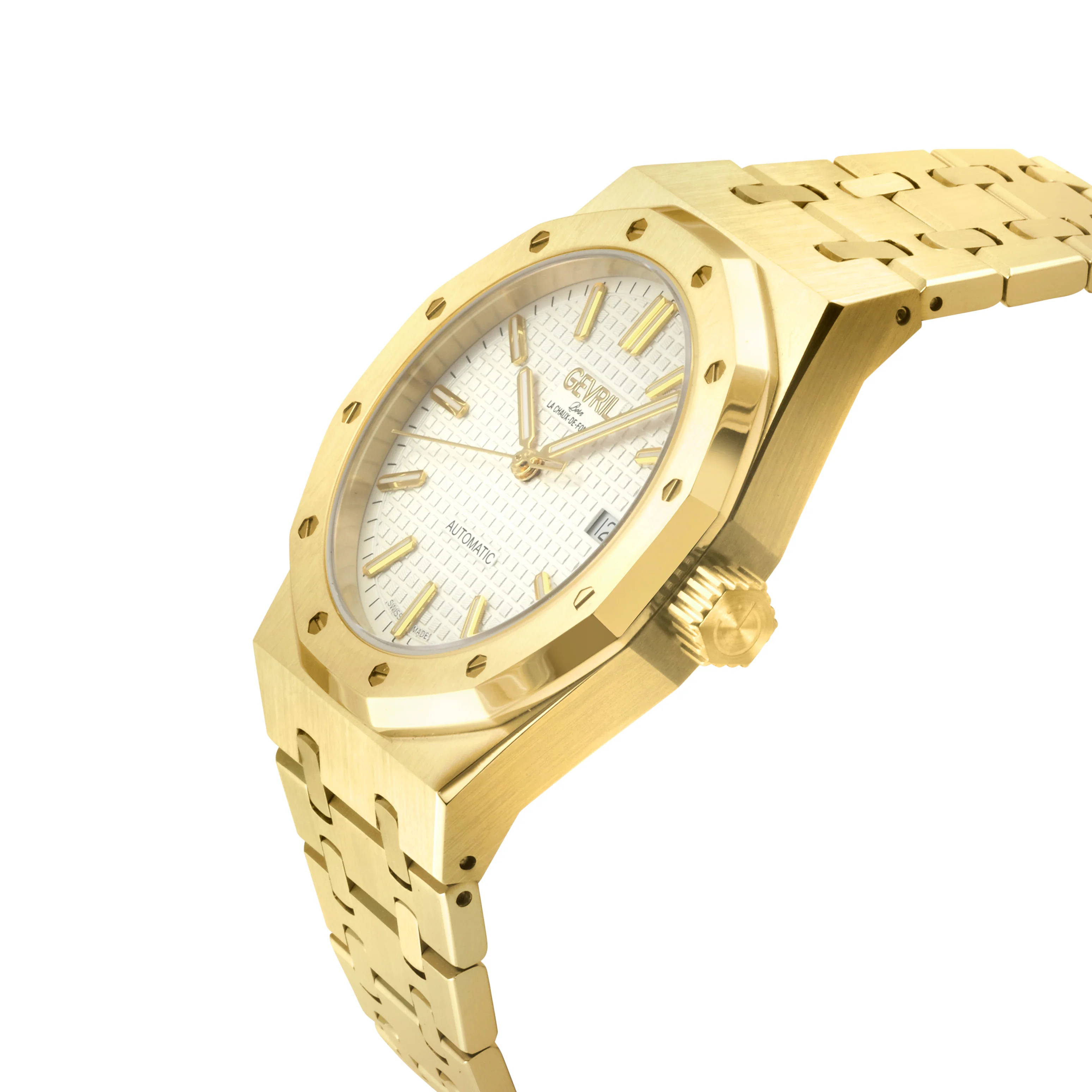 Gotham Swiss Automatic Movement, Silver/White Embossed Dial, IPYG Bracelet | White Dial - Image 2