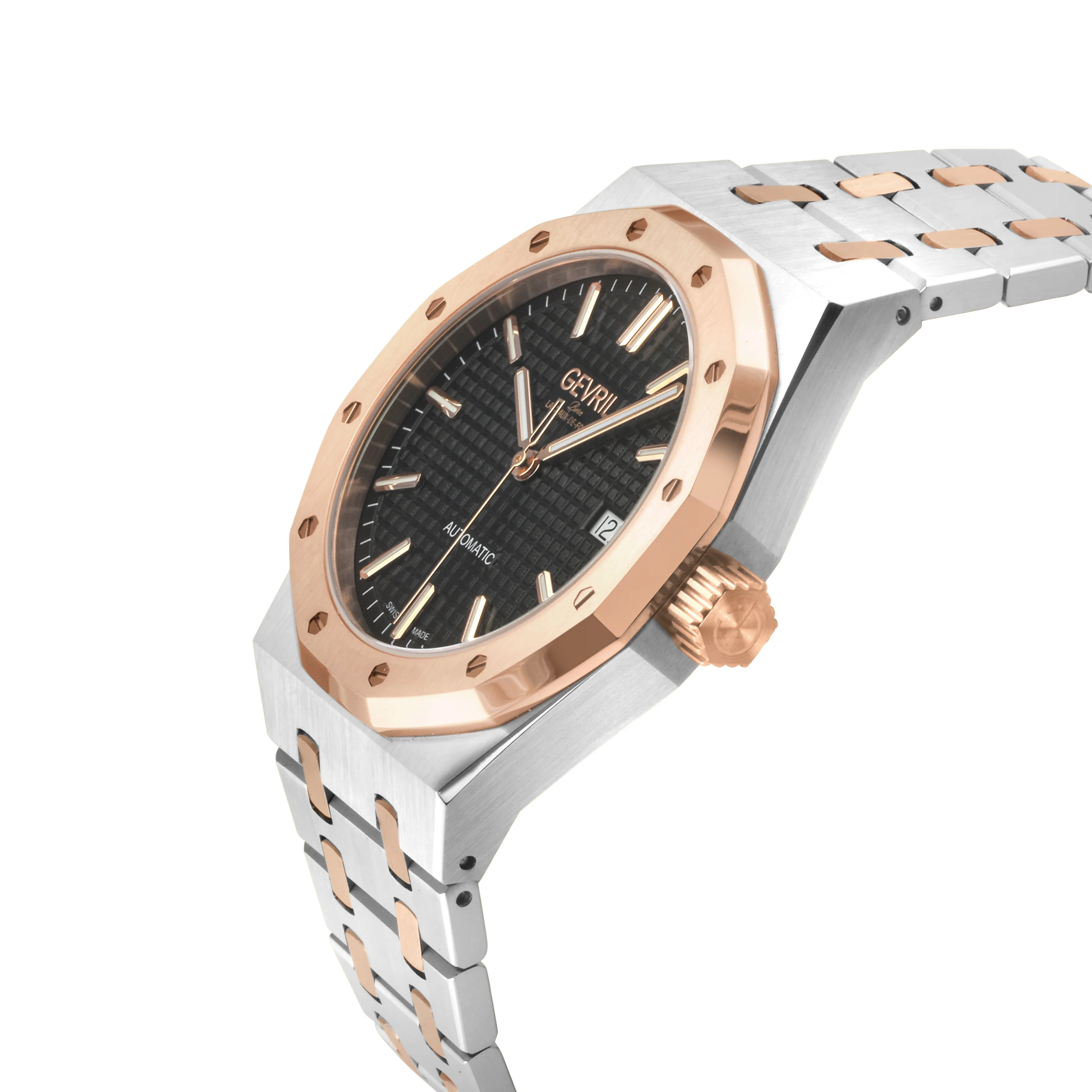 Gotham Swiss Automatic Movement, Black Embossed Dial, Two toned SS/IPRG Bracelet | Black Dial - Image 2