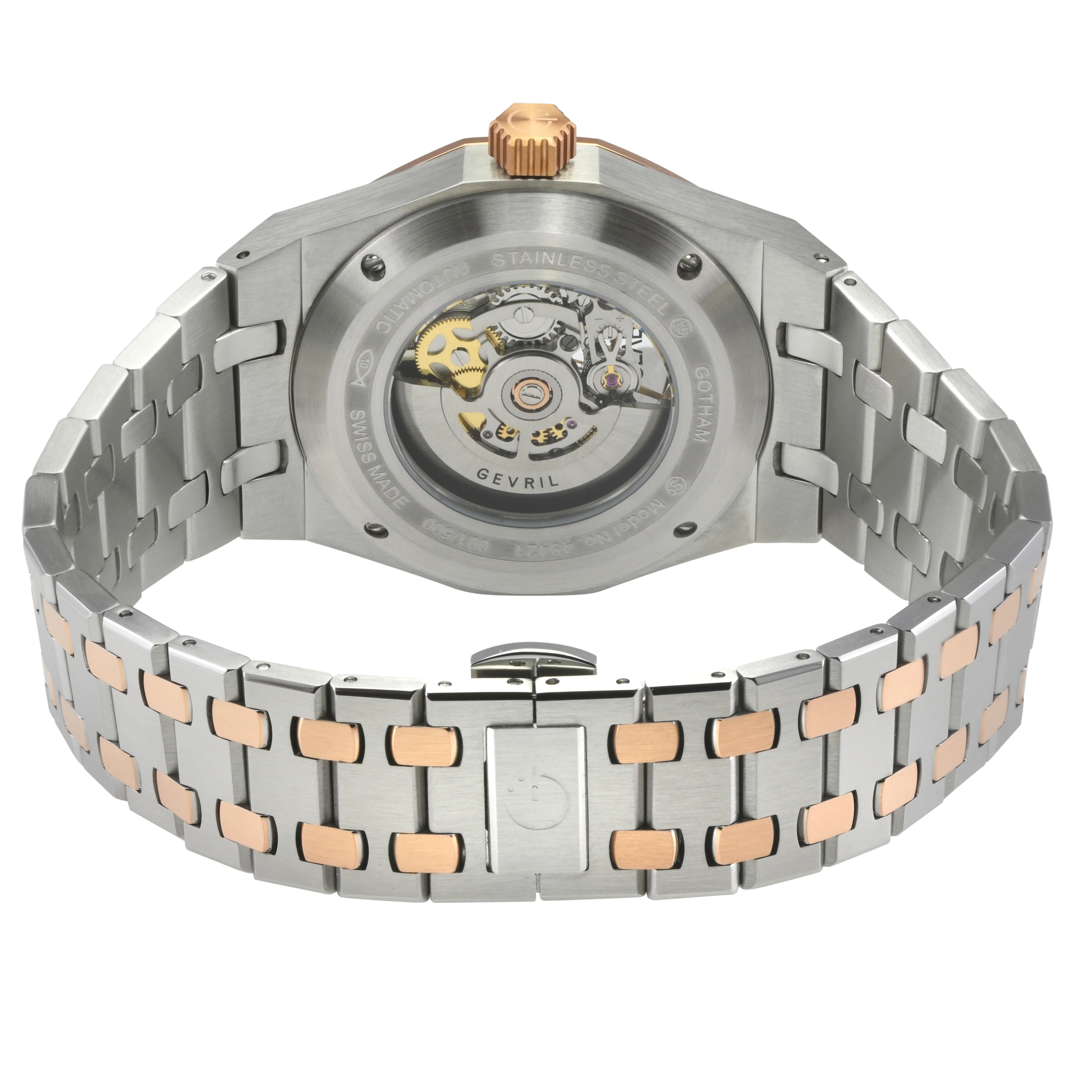 Gotham -Skeleton Swiss Automatic Movement, Skeleton  Dial, Two toned 316L Stainless Steel IPRG Bracelet | Skeleton Dial - Image 3