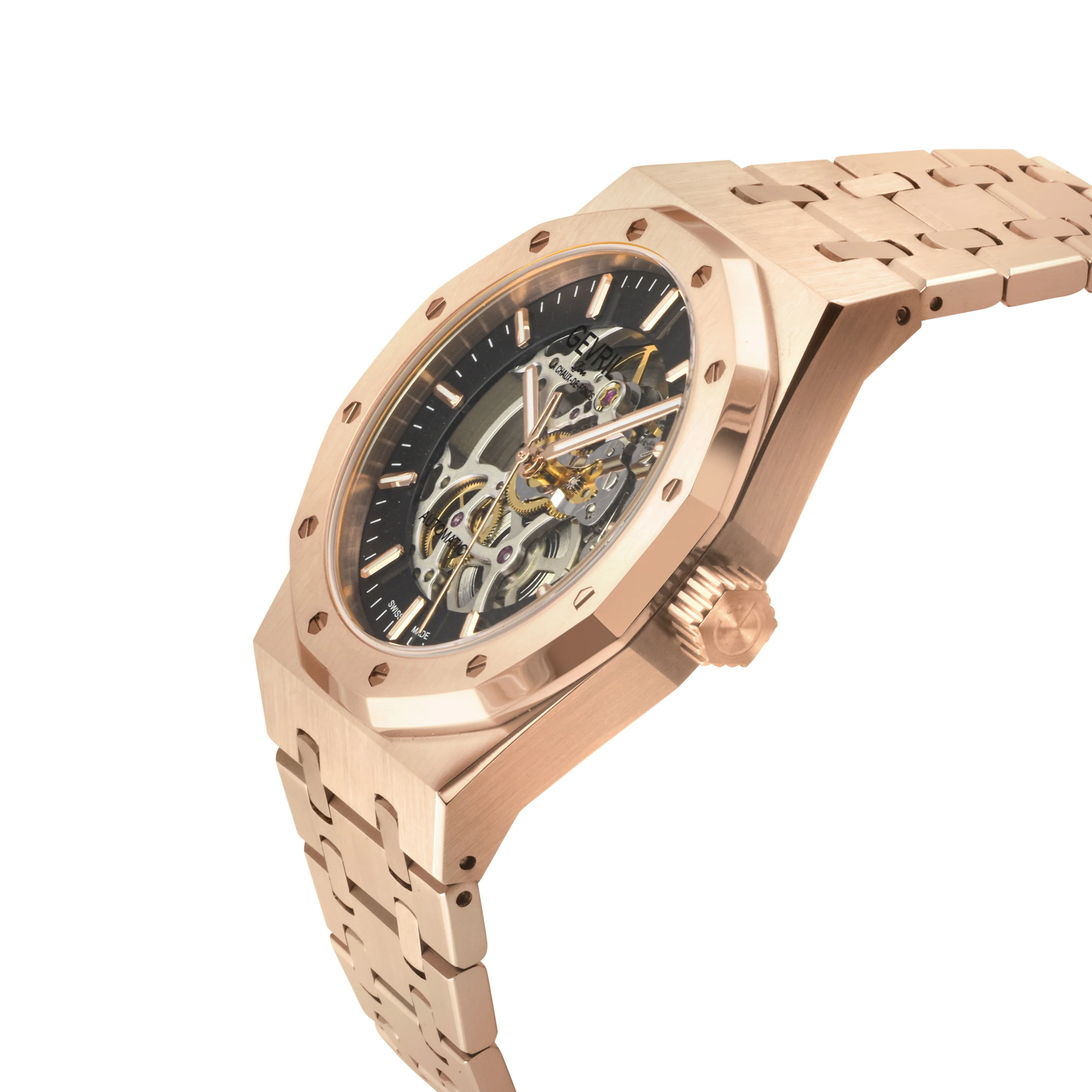 Gotham -Skeleton Swiss Automatic Movement, Skeleton Dial, Rose 316L Stainless Steel IPRG Bracelet | Skeleton Dial - Image 2