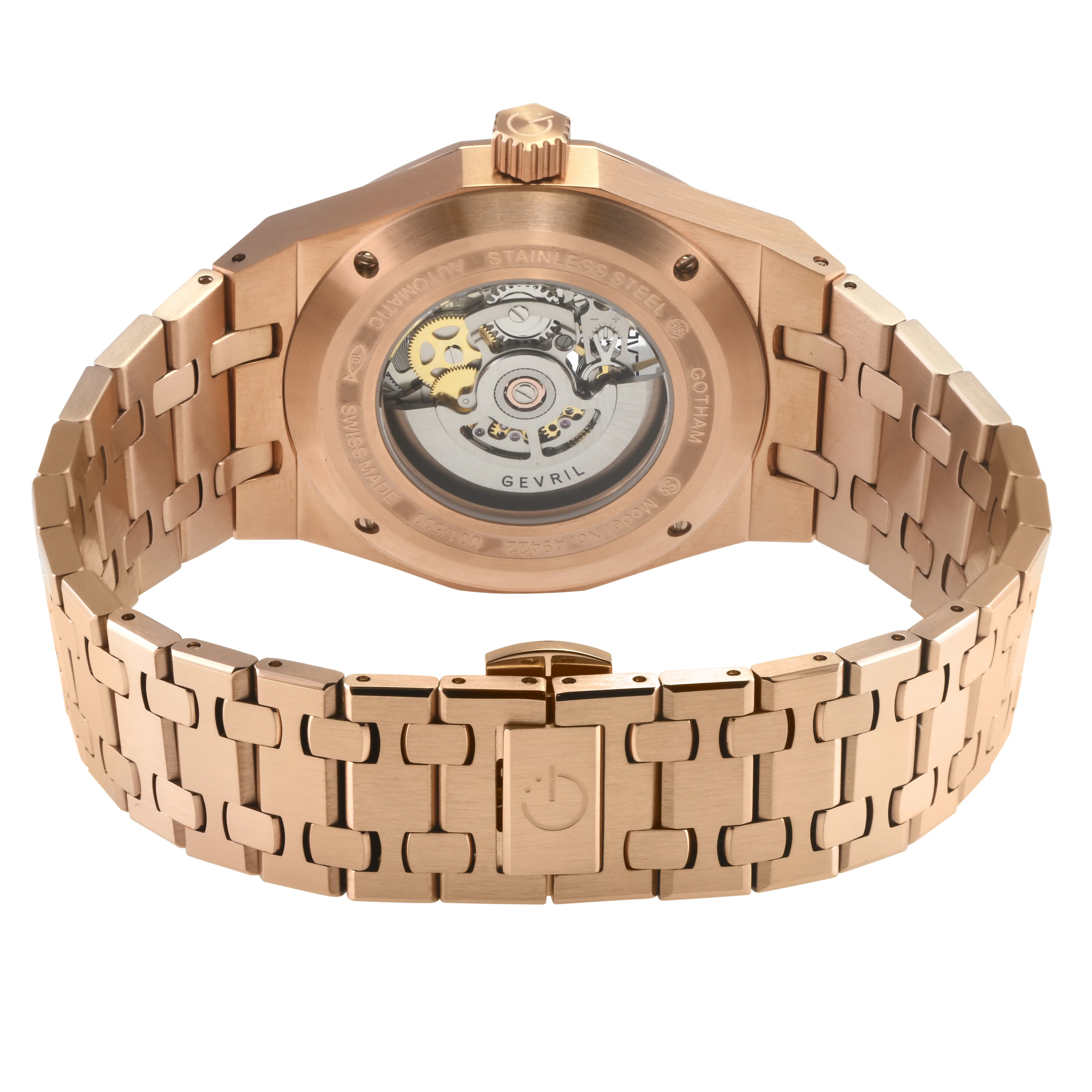 Gotham -Skeleton Swiss Automatic Movement, Skeleton Dial, Rose 316L Stainless Steel IPRG Bracelet | Skeleton Dial - Image 3