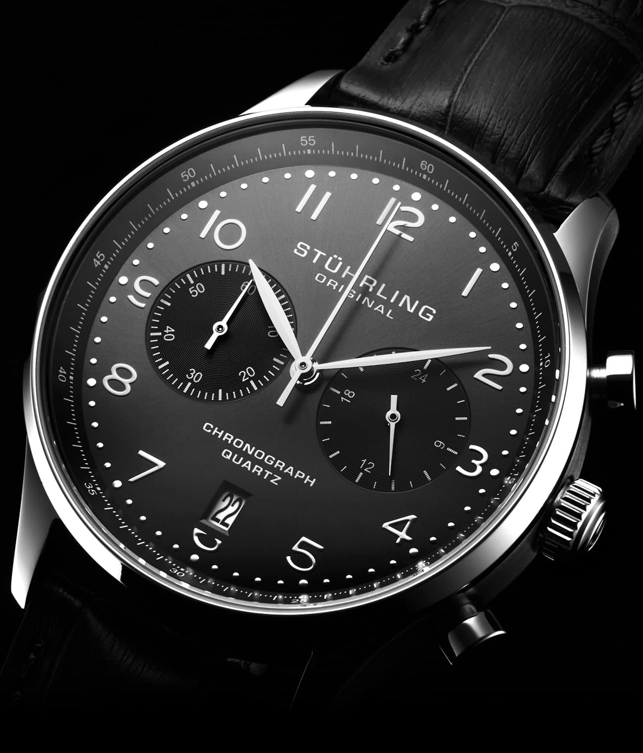 GR1-Q Quartz 42mm Chronograph Black/Leather | Gunmetal Dial - Image 2