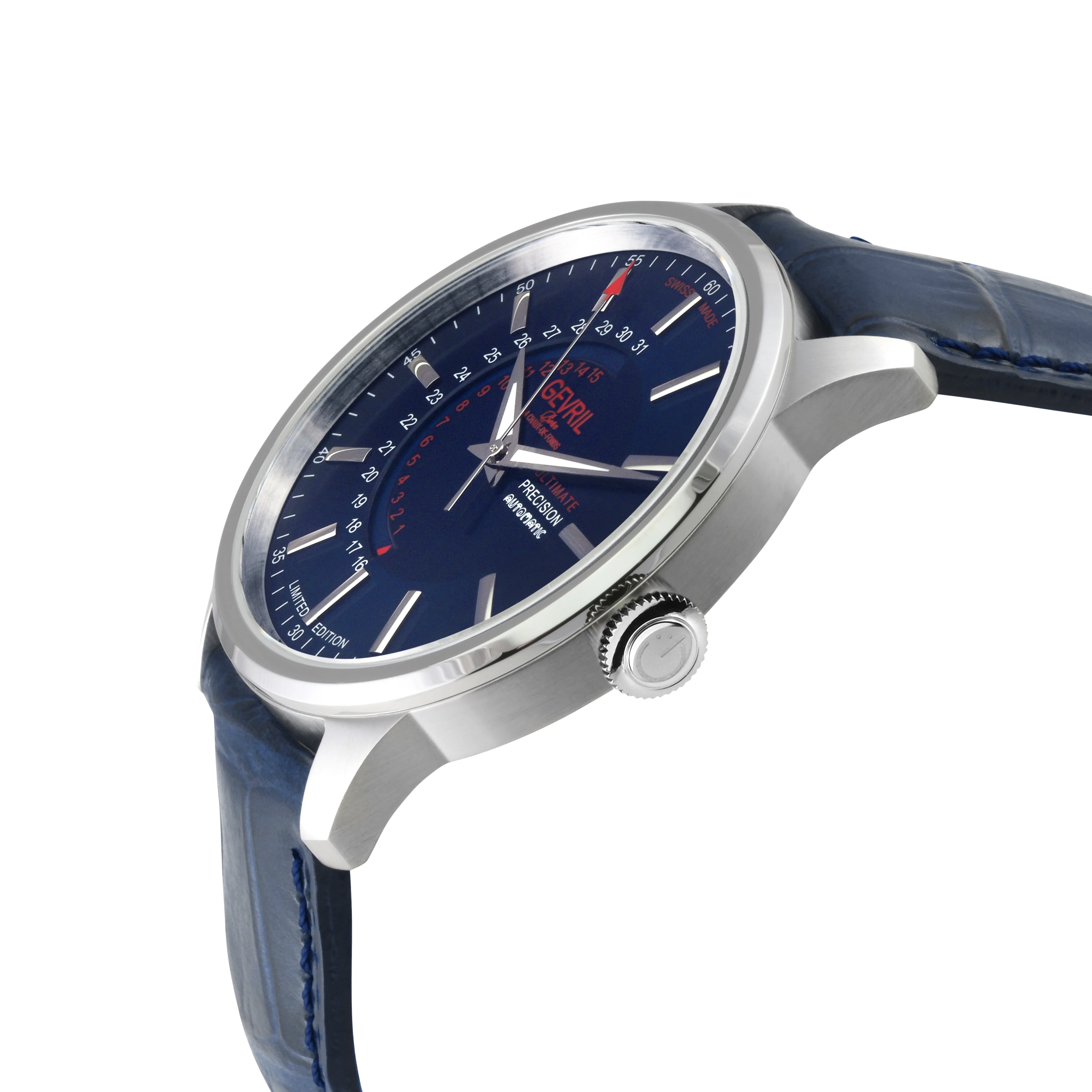 Guggenheim Gevril Men's Guggenheim Automatic 316L Stainless Steel Blue Dial, Genuine Italian Handmade Blue Leather with blue Stitching Strap. | Blue Dial - Image 2