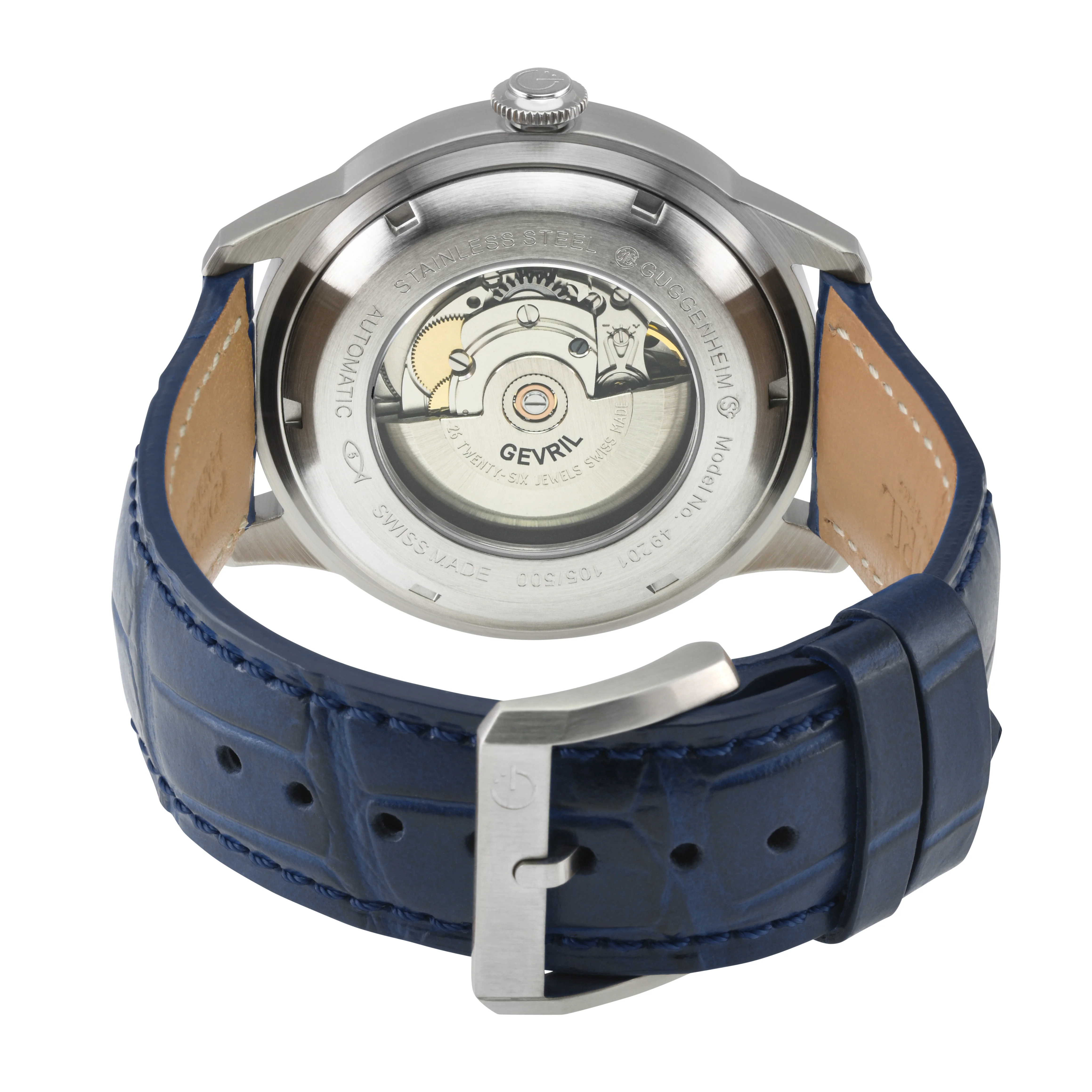 Guggenheim Gevril Men's Guggenheim Automatic 316L Stainless Steel Blue Dial, Genuine Italian Handmade Blue Leather with blue Stitching Strap. | Blue Dial - Image 3