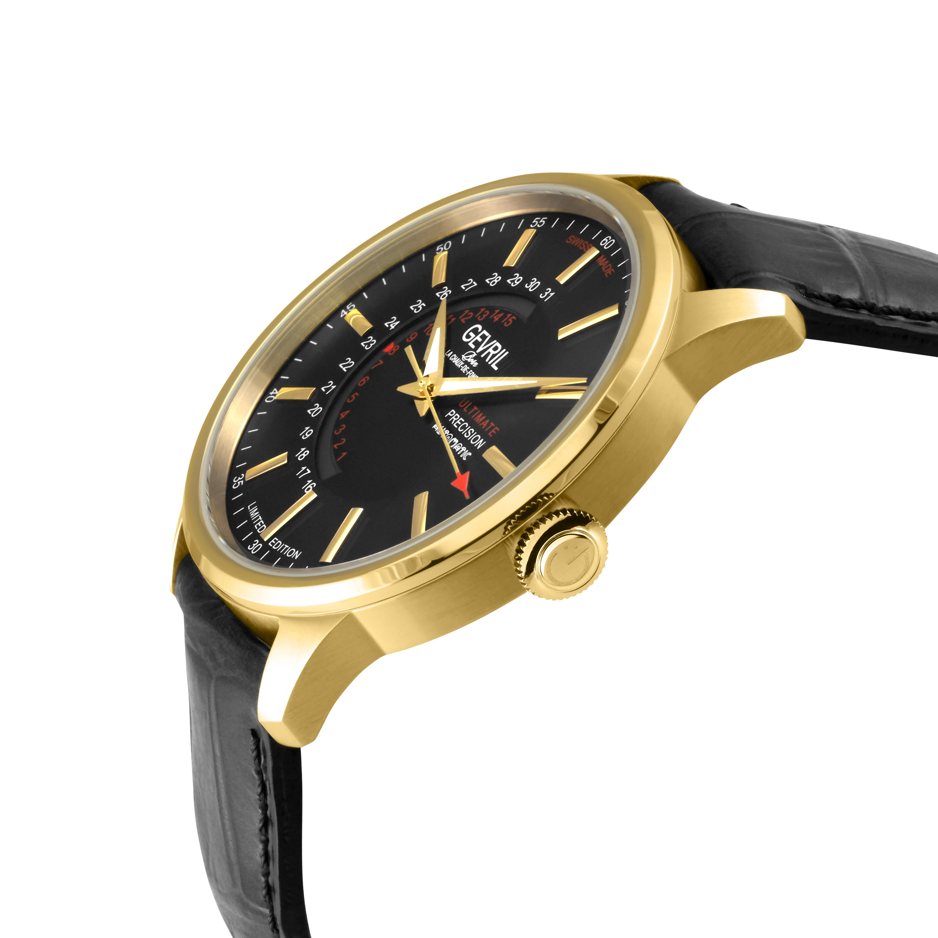 Guggenheim Gevril Men's Guggenheim Automatic IP Gold, Case, Black Dial, Genuine Italian Handmade Black Leather Strap with Black Stitching. | Black Dial - Image 2