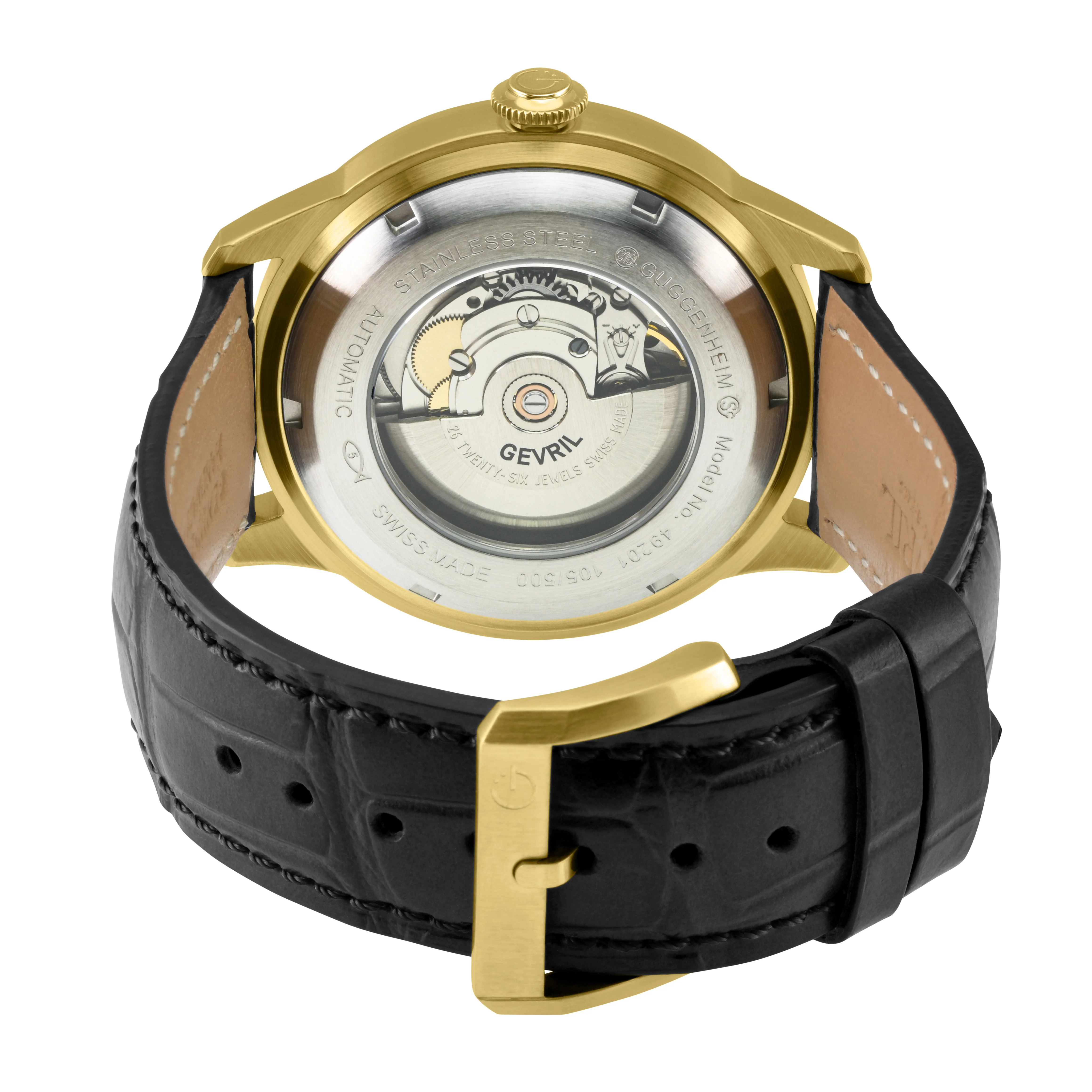 Guggenheim Gevril Men's Guggenheim Automatic IP Gold, Case, Black Dial, Genuine Italian Handmade Black Leather Strap with Black Stitching. | Black Dial - Image 3